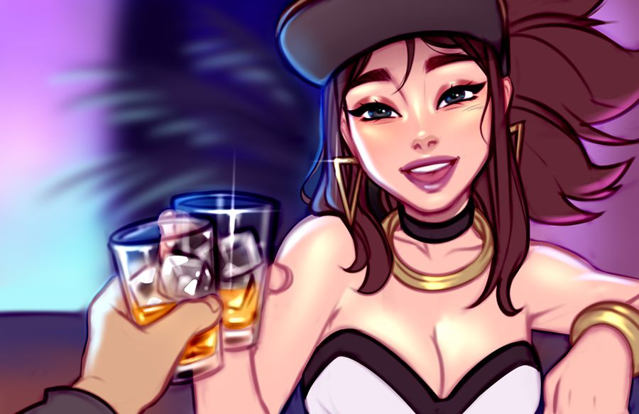 akali, blushypixy, blushyspicy, drinking, female, k/da akali, k/da series, league of legends, smile, strapless, strapless top, strapless topwear, tubetop