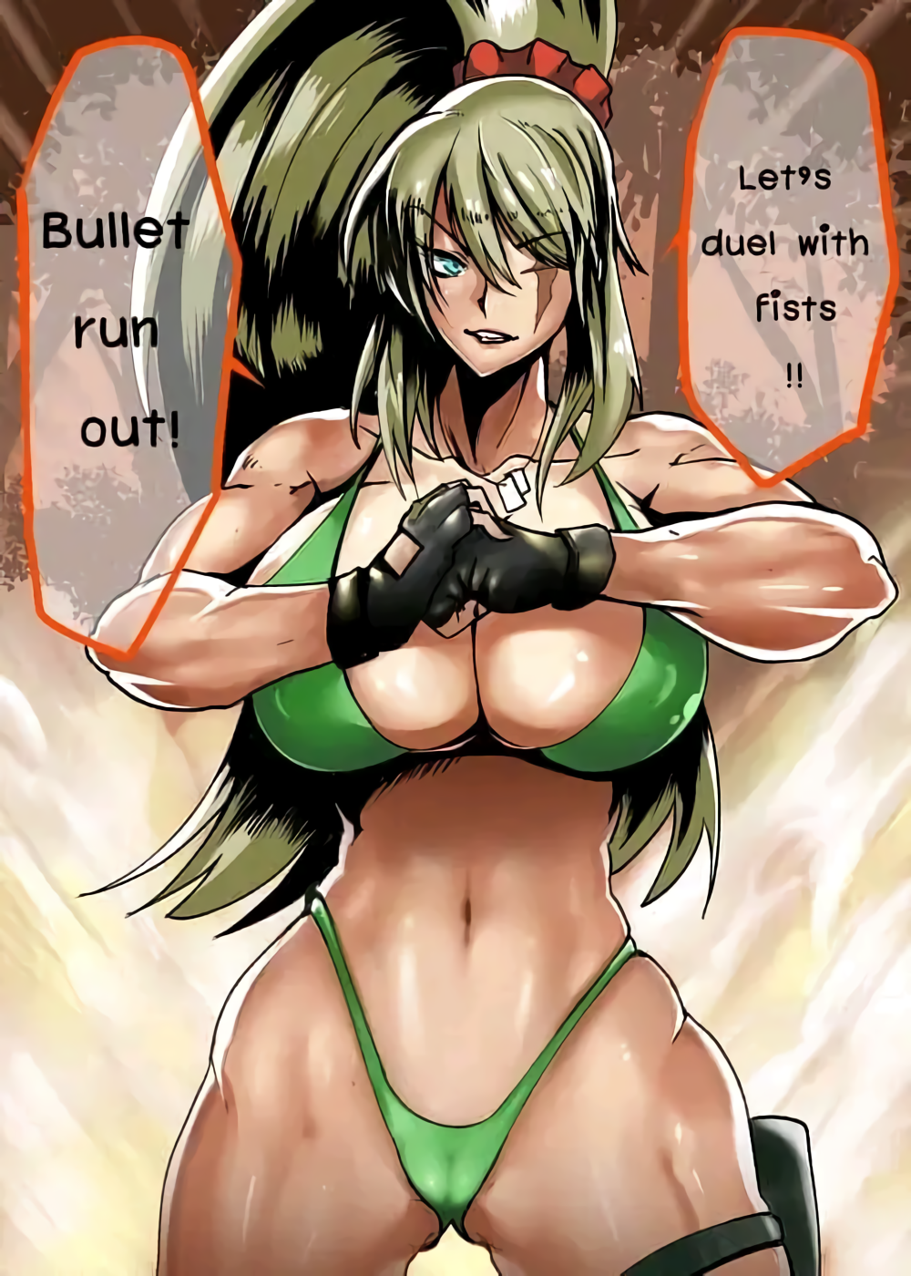 1girls 2019 alternate_breast_size aqua_eyes attacking_viewer biceps big_ass big_breasts bikini black_gloves blonde_hair dragunov_(metal_slug) english_text female_focus female_only fingerless_gloves fist forest_background green_bikini green_bra green_panties green_underwear hi_res high_resolution huge_breasts hukiguni large_breasts long_hair looking_at_viewer metal_slug metal_slug_attack military muscular muscular_female nipples_visible_through_clothing one_eye_closed plates ponytail pussy_visible_through_clothes scar scar_across_eye seductive snk summer text_bubble thick_thighs threatening