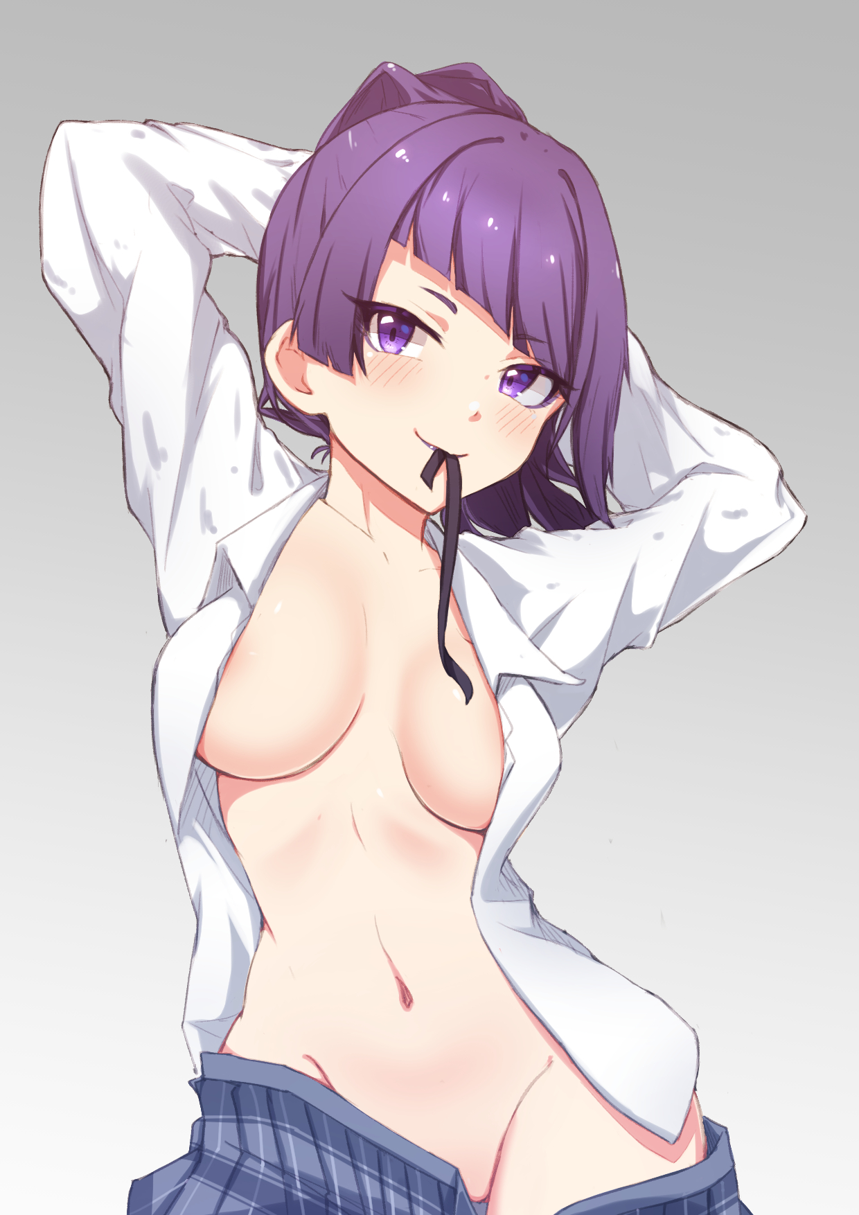 areola slip, bangs, blush, breasts, clothes pull, commentary request, diagonal bangs, dinas, female, gradient, gradient background, grey background, groin, high ponytail, highres, idolmaster, idolmaster shiny colors, large breasts, lipstick, long hair, looking at viewer, makeup, navel, no bra, no panties, open clothes, open shirt, plaid, plaid skirt, pleated skirt, purple eyes, purple hair, school uniform, shirt, skirt, skirt pull, solo, tanaka mamimi, white shirt