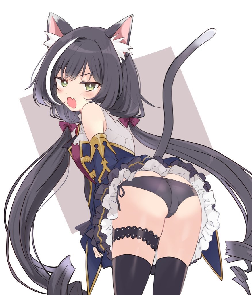 animal ears, ass, black hair, black panties, cat ears, cat girl, cat tail, female, frilled skirt, frills, from behind, green eyes, karyl (princess connect!), looking at viewer, looking back, low twintails, multicolored hair, oerba yun fang, open mouth, panties, pantyshot, princess connect!, sato yamame, side-tie panties, skirt, solo, streaked hair, tail, thighhighs, twintails, underwear