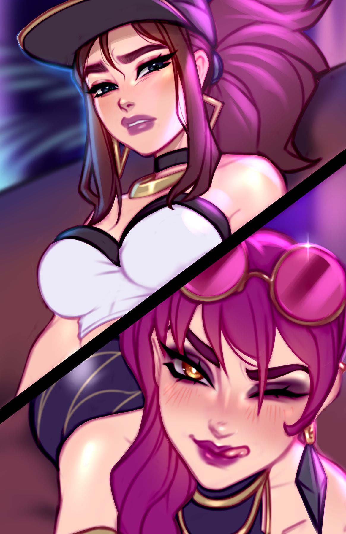 akali, blushypixy, blushyspicy, demon, evelynn, female, k/da series, league of legends, succubus