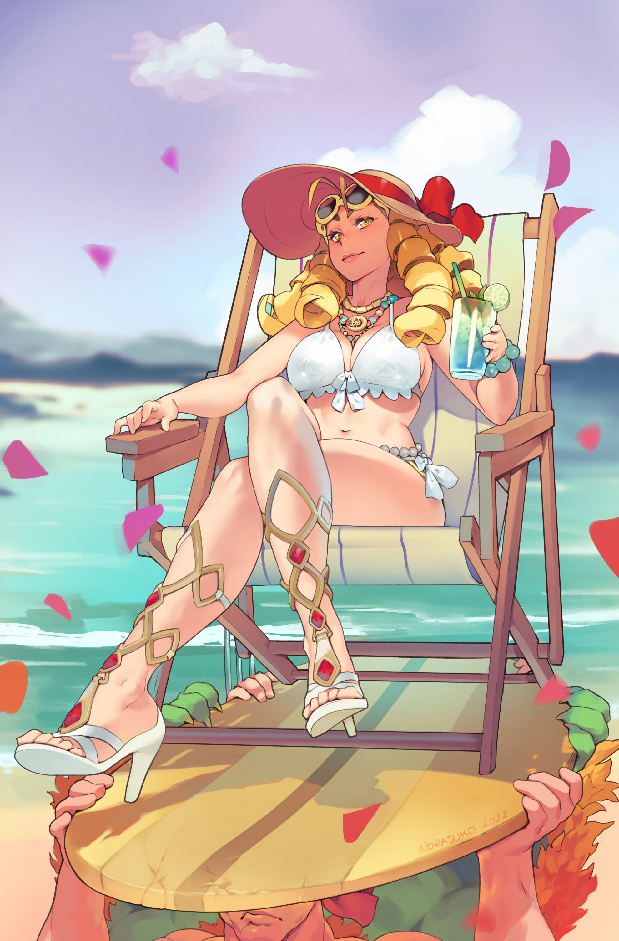 1girls, 3boys, beach, belly button, big breasts, blanka, blonde female, blonde hair, blurry background, breasts, capcom, claws, cleavage, cloud, collarbone, curly hair, disembodied hands, drink, drinking glass, eyewear on head, feet, female, female focus, fruit, fully clothed, green skin, hat, hat ribbon, headwear, human, humanoid, jewelry, karin kanzuki, legs crossed, lemon, long hair, looking at viewer, male, monster, necklace, no visible genitalia, norasuko, outdoors, partial male, sandals, sea, seaside, sky, straw, street fighter, street fighter v, sun chair, sunglasses on head, sunshine, swimsuit, toes, yellow eyes