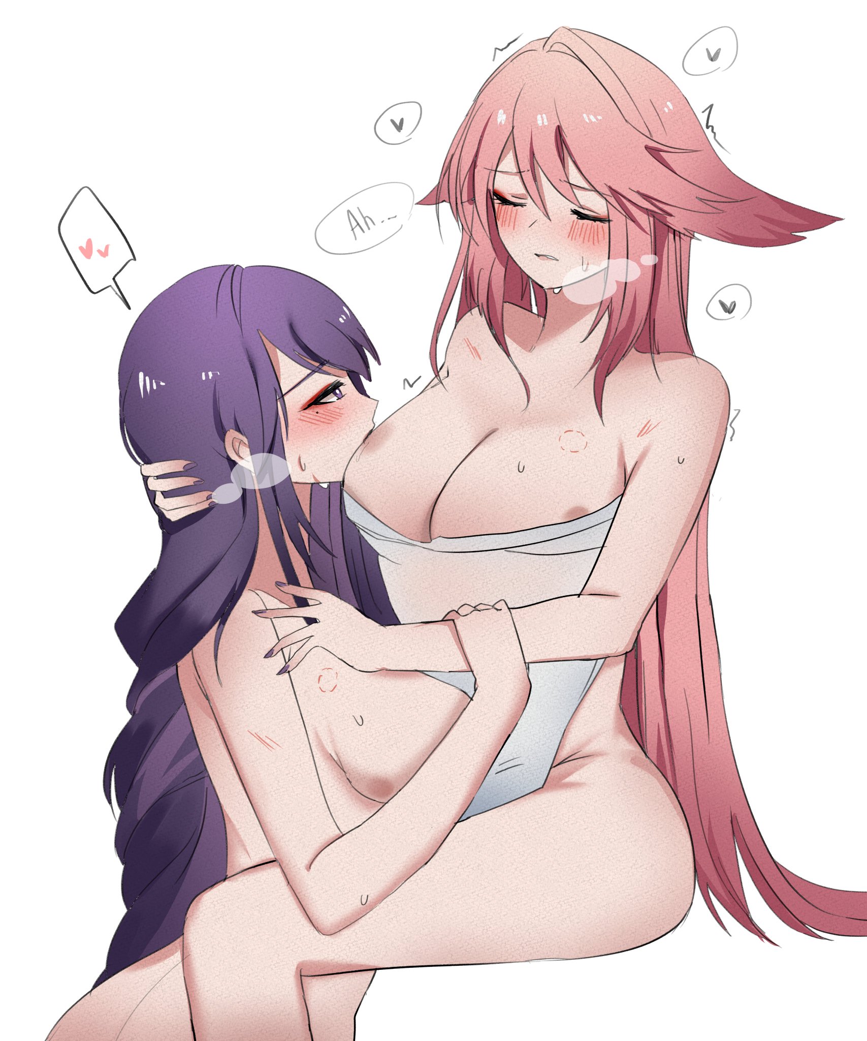 2girls, bite mark, bite mark breast, blush, braid, braided hair, breast sucking, breasts, cleavage, closed eyes, female, female only, fox ears, fox girl, genshin impact, hand on arm, hand on head, hand on shoulder, kissing breasts, kitsune, large breasts, lesbian sex, looking at partner, mole under eye, multiple females, multiple girls, pink hair, pleasure face, purple hair, raiden shogun, towel, visible breath, yae miko, yuri