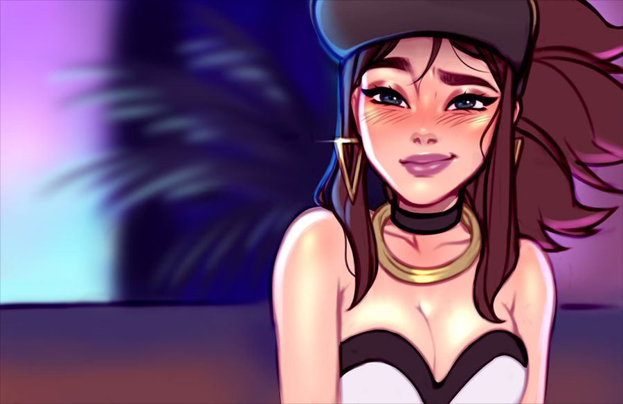 akali, blushypixy, blushyspicy, female, k/da akali, k/da series, league of legends, smile, strapless, strapless top, strapless topwear, tubetop