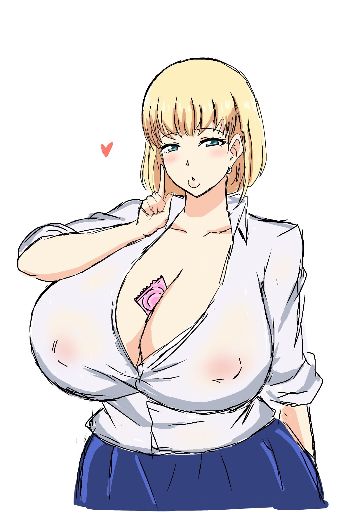 1girls, big breasts, blonde hair, blush, breasts, clothed, clothed female, condom, condom between breasts, enormous breasts, female, female only, giant breasts, gigantic breasts, hajimete no hitozuma, huge breasts, kawai (hajimete no hitozuma), kawai satomi, large breasts, massive breasts, momiji (artist), nipples visible through clothing, short hair, simple background, solo, solo female, white background