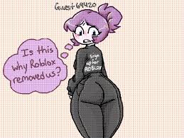 1girls, 2d, artist request, ass, clothed, female, guest (roblox), looking back, lowres, roblox, robloxian, source request, tagme, text, thought bubble