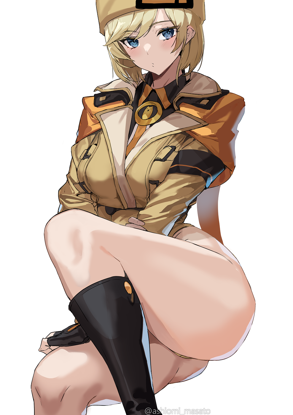 1girls 2022 artist_name ashiomi_masato ass bare_legs blonde_hair blue_eyes boots coat fingerless_gloves guilty_gear hat leg_lift looking_at_viewer millia_rage no_pants panties plain_background short_hair tagme thick_thighs thighs white_background yellow_panties