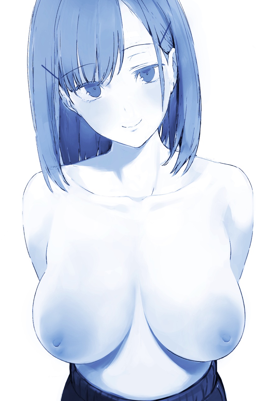 arms_behind_back asymmetrical_bangs bangs blue_theme blush breasts breasts_apart collarbone female hair_ornament hairpin head_tilt highres large_areolae large_breasts looking_at_viewer medium_hair midriff mizuta_marixxx monochrome original simple_background smile solo upper_body