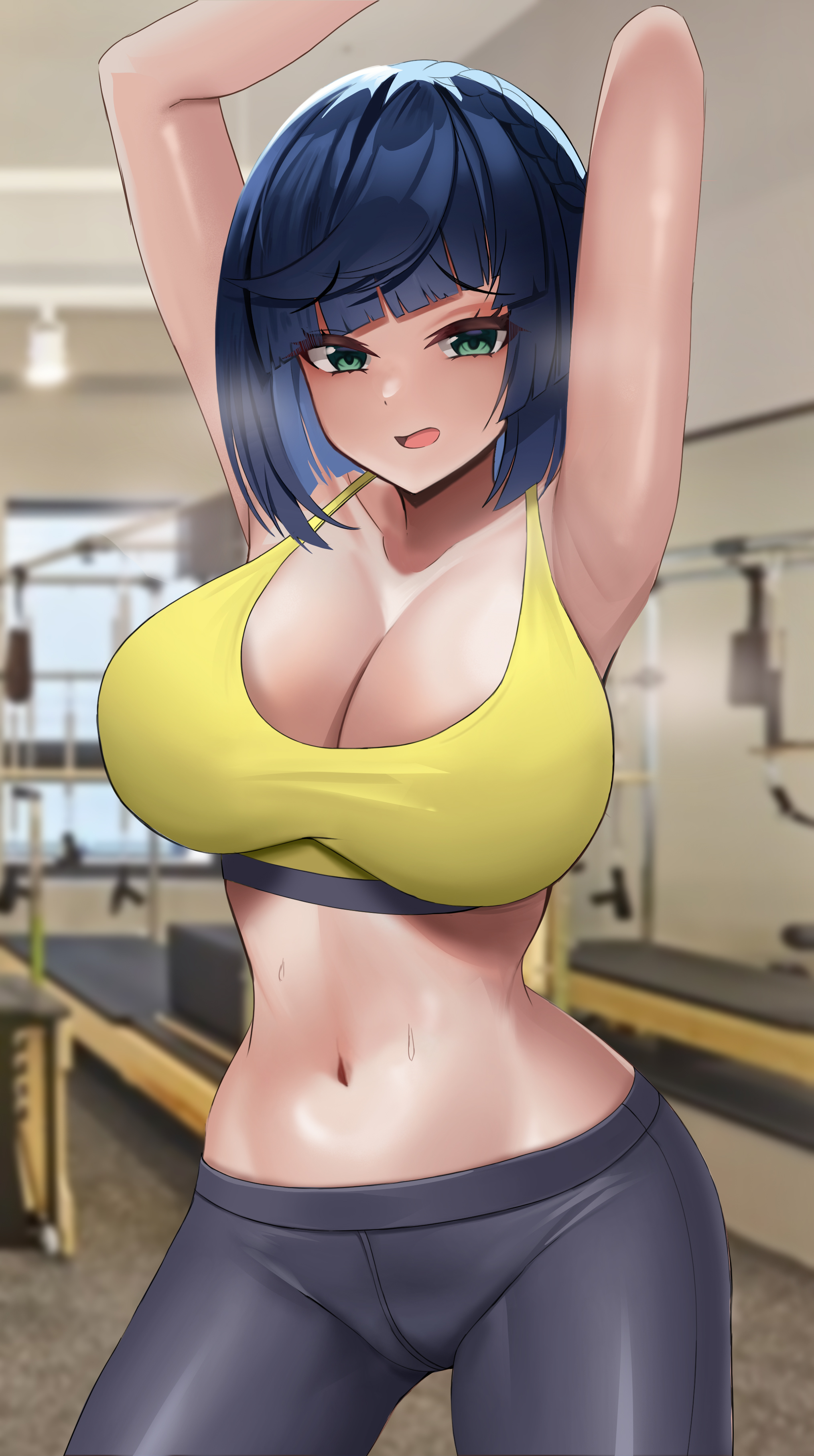 1girls, 2022, absurd res, armpits, arms up, black hair, blue hair, breasts, female, female only, genshin impact, green eyes, hi res, hips, huge breasts, indoors, onedoo, seductive, short hair, slim waist, solo, sports bra, sportswear, standing, sweat, sweaty body, thick thighs, thighs, tight clothing, wide hips, yelan (genshin impact), yoga pants