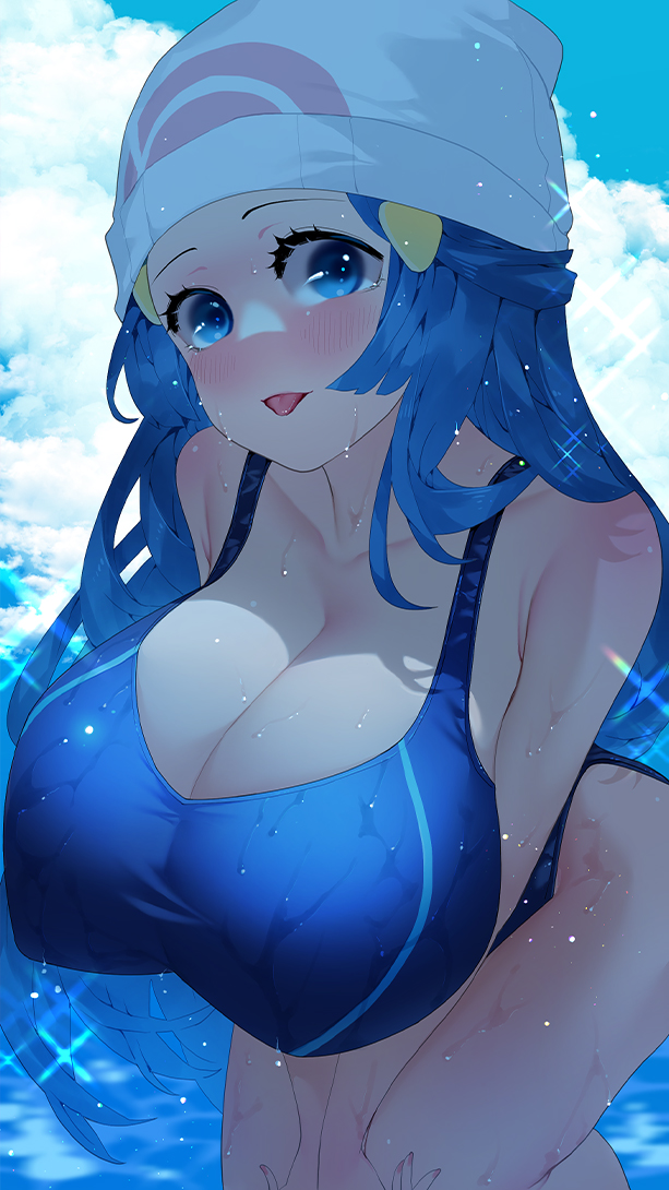 1girls, 2022, alternate breast size, blue eyes, blue hair, blush, breasts, cleavage, competition swimsuit, dawn (pokemon), female, female only, hat, horny, huge breasts, long hair, looking at viewer, massive breasts, nintendo, one-piece swimsuit, pokemon, pokemon dppt, smile, sumisumii, voluptuous, wet, wet body, wet breasts, white hat