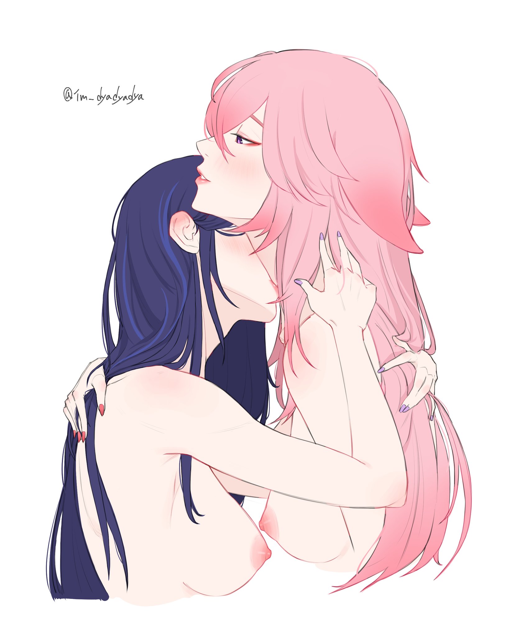 2girls, blush, breasts, embrace, female, female only, fox, fox ears, fox girl, genshin impact, hand on back, hand on neck, kissing neck, lesbian sex, long hair, multiple females, multiple girls, naked, nipples, nude, nude female, painted nails, pink hair, purple eyes, purple hair, raiden shogun, yae miko, yuri