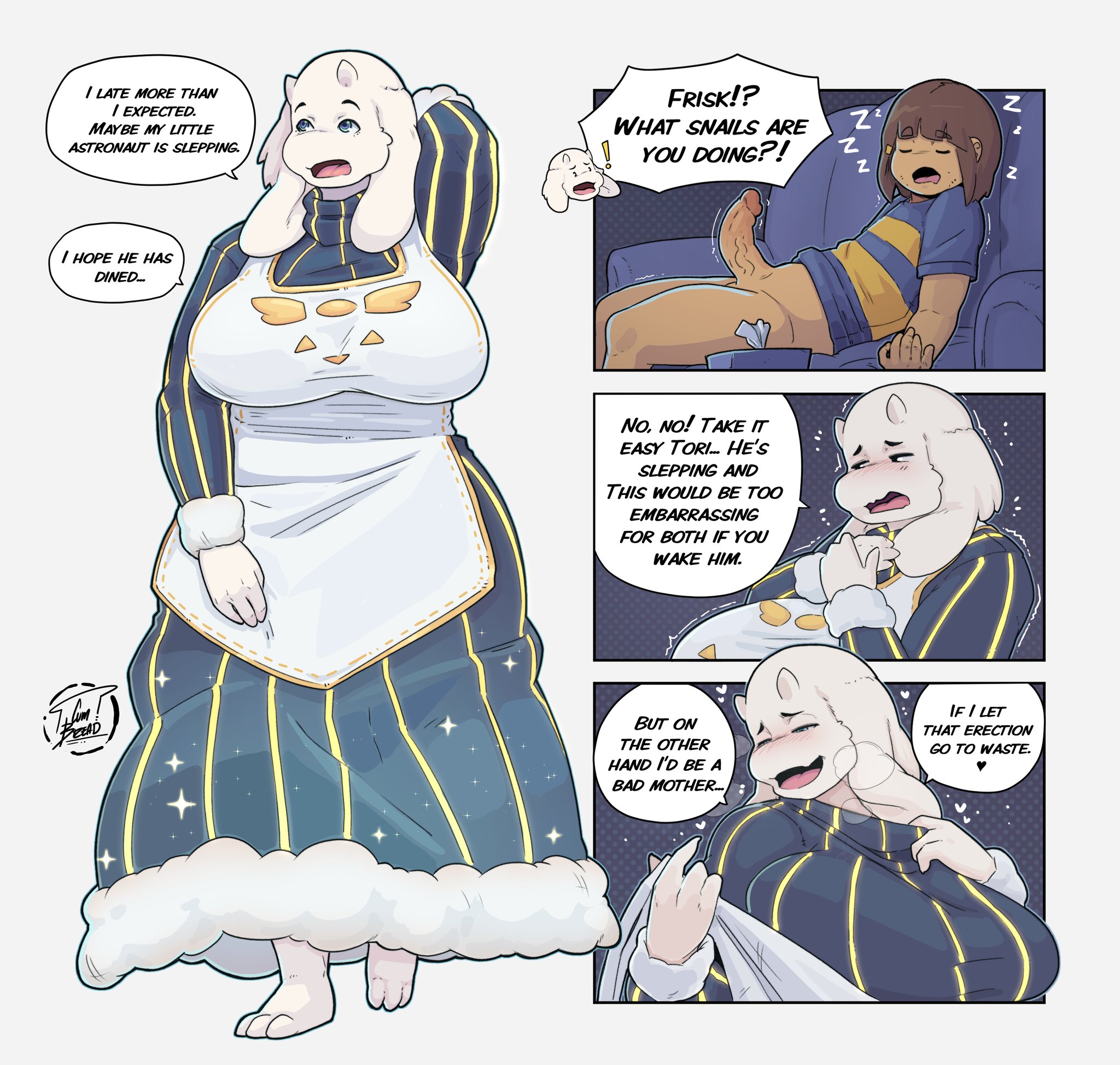 1boy, 1girls, 2d, big breasts, big penis, breasts, comic, cumbread, english text, erection, female, frisk, human, humanoid, imminent sex, male, milf, no pants, outertale, penis, sleep molestation, sleeping, tagme, talking, text, toriel, toriel (outertale), toriel au, undertale, undertale (series), undertale fanfiction