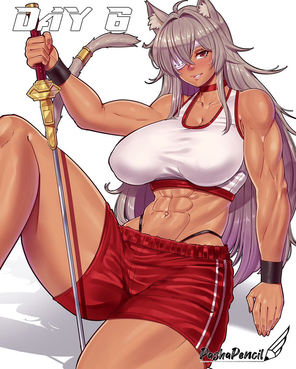 1girls abs big_breasts dark-skinned_female female female_only ghislaine_dedoldia looking_at_viewer muscular_female mushoku_tensei pashapencil solo sword