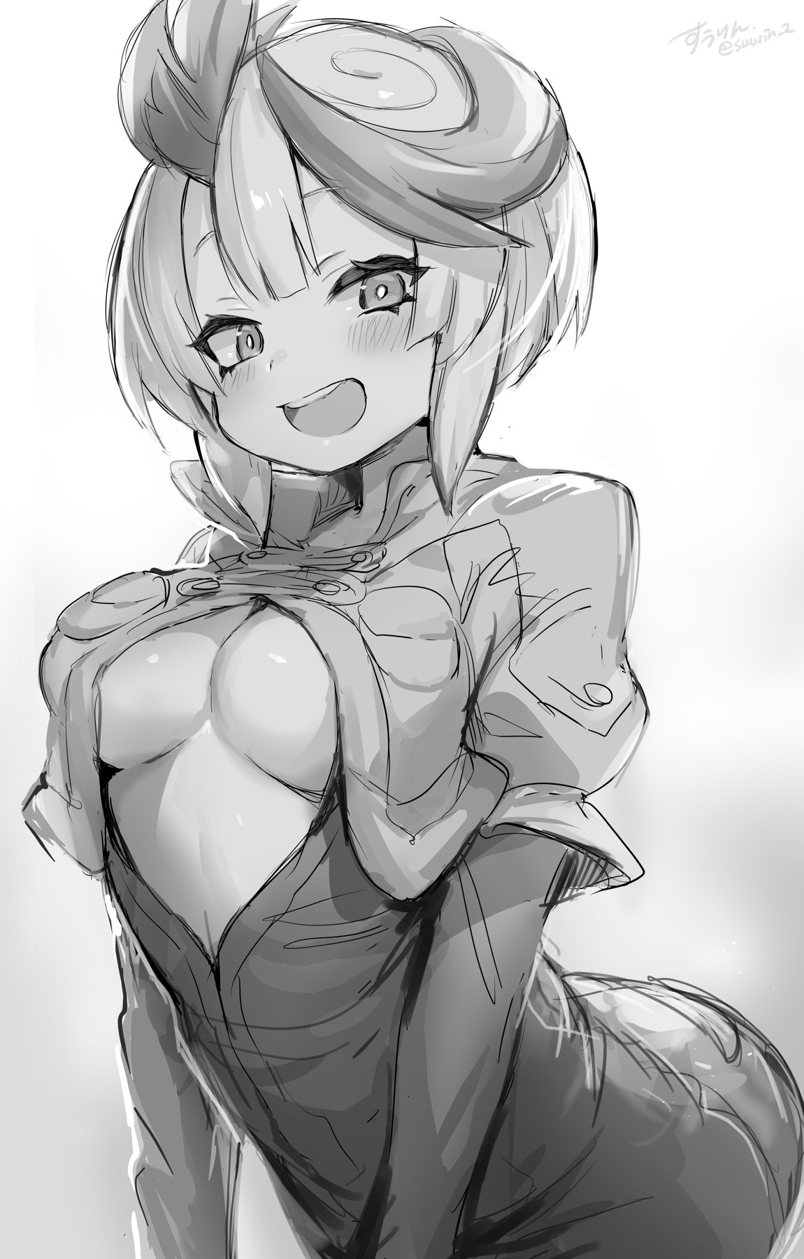 ahoge, arched back, blush, breasts, cleavage, female, female only, looking at viewer, made in abyss, medium breasts, monochrome, no bra, open mouth, open shirt, short hair, smile, solo, suurin (ksyaro), tepaste, underboob