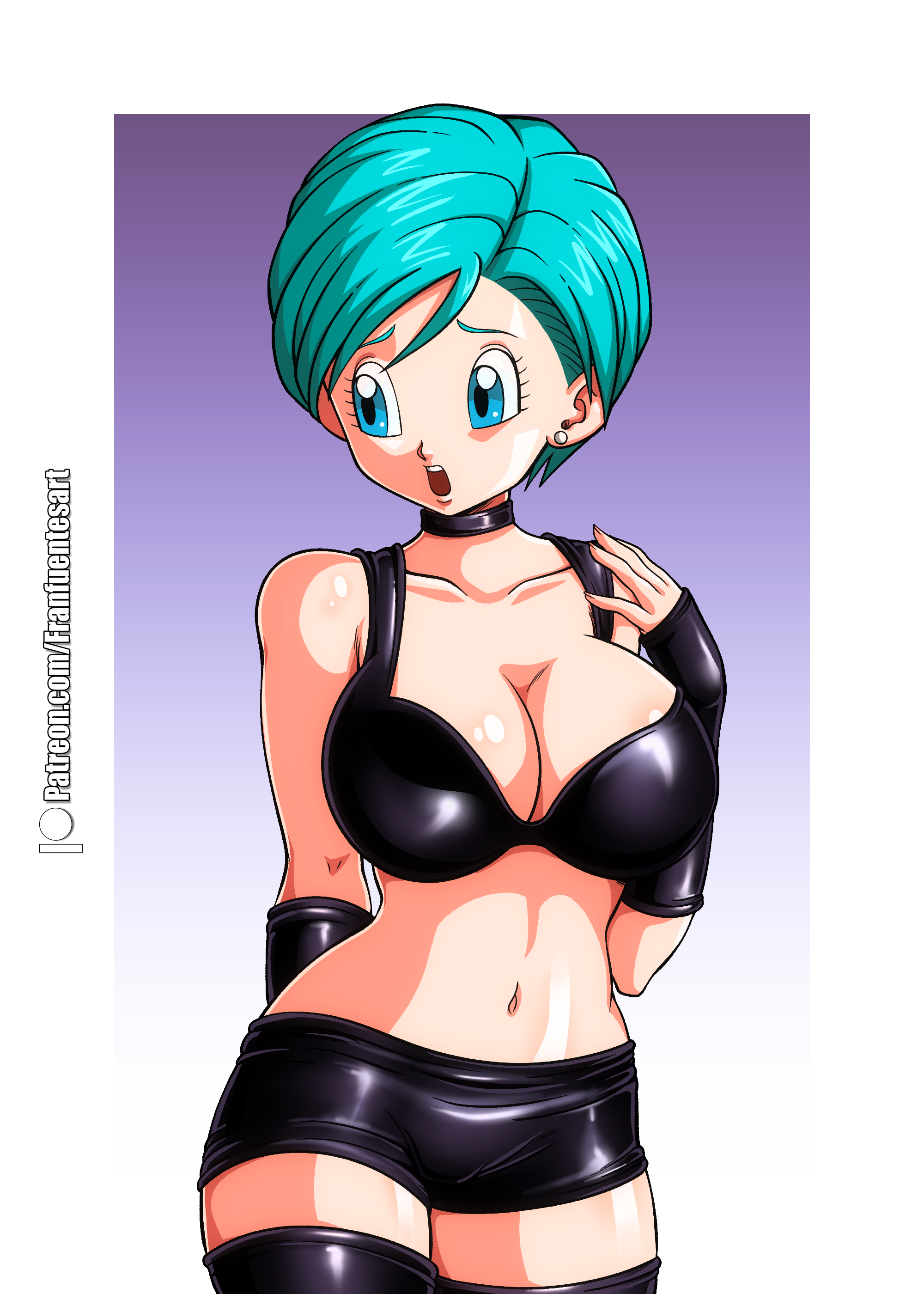 black bra, black stockings, blue eyes, blue hair, bulma briefs, dragon ball, dragon ball fighterz, dragon ball super, dragon ball z, earrings, female, female only, franfuentesart2, plain background, solo, solo female
