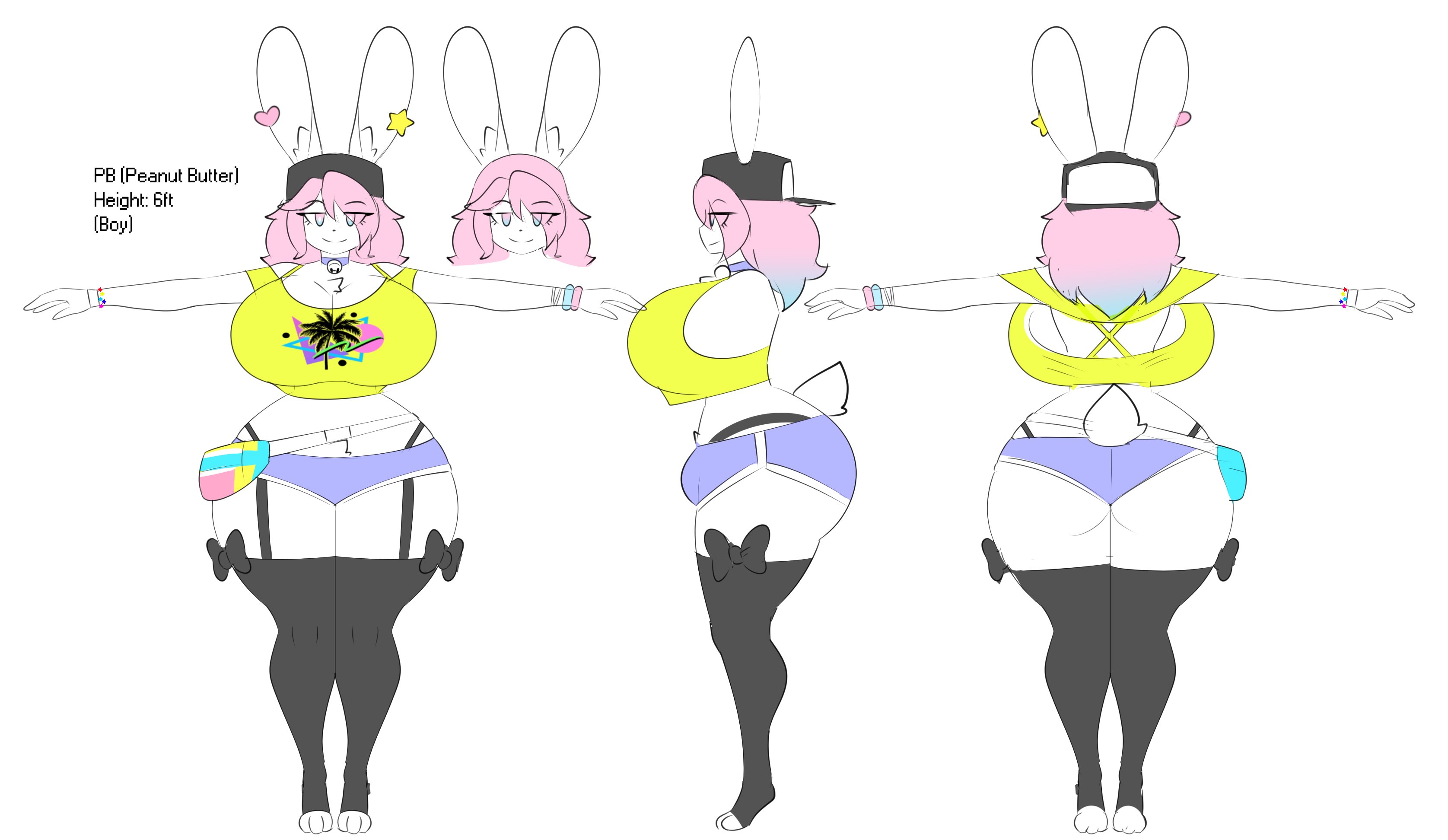 1boy, alternate version at source, alternate version available, ass, big ass, big breasts, breast implants, breasts, busty male, fake breasts, garter straps, huge breasts, implants, male, male with breasts, model sheet, original, original character, peanut butter (theycallhimcake), rabbit ears, silicone, tagme, theycallhimcake, thighhighs, thong above shorts, thong straps, white body, white fur, wide hips