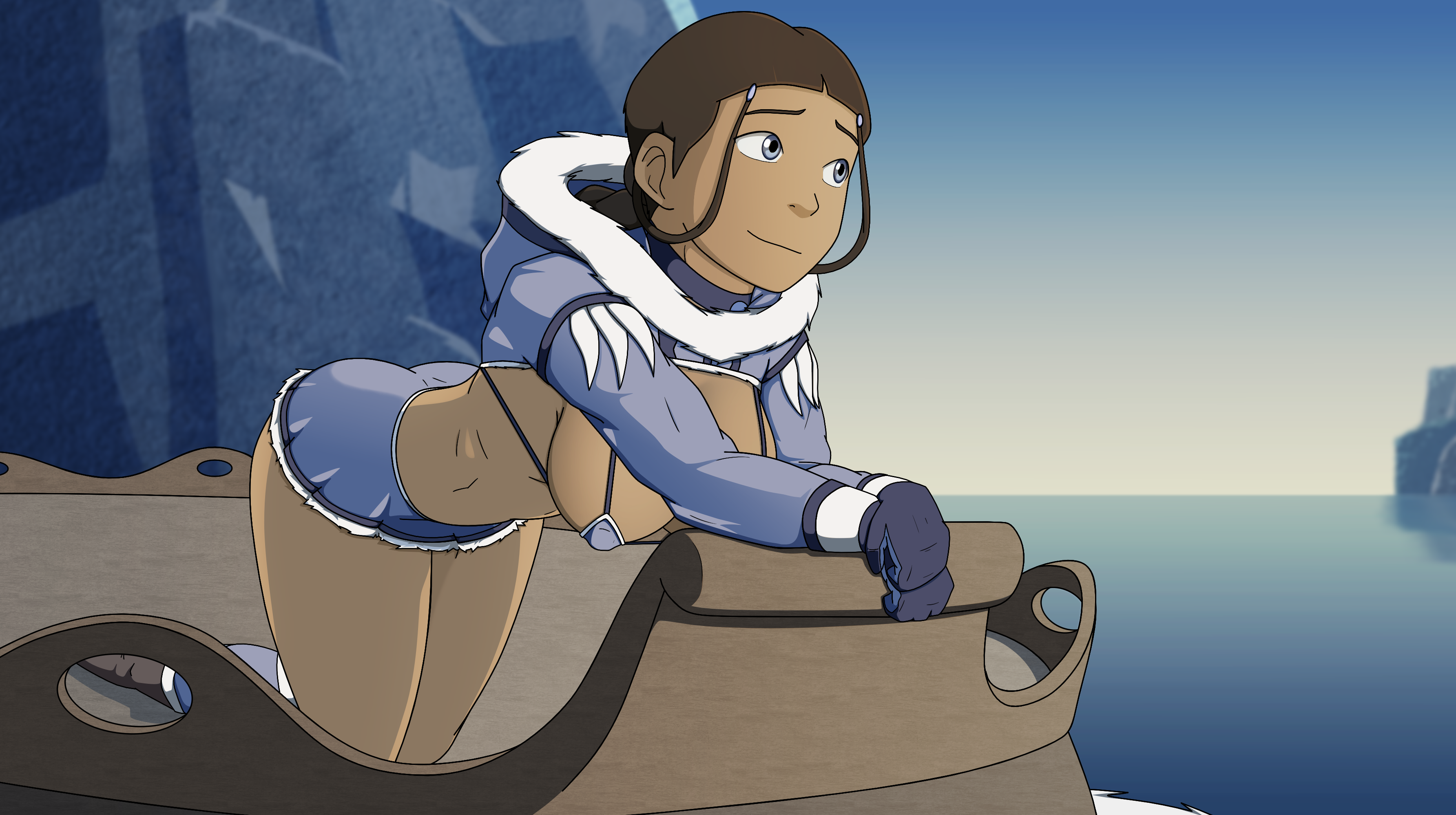 avatar the last airbender, bending forward, bent over, bra, breasts, clothing, dark skin, dark-skinned female, female, female only, gloves, ice, katara, large breasts, looking to the side, skimpy, skimpy clothes, skirt, smile, smiling, sock vivian, solo, straight hair, sunset, tagme, water tribe
