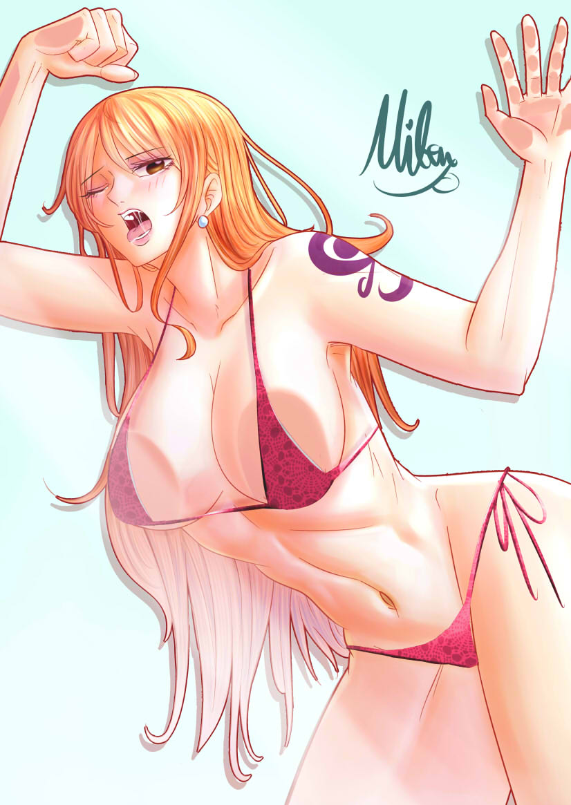 1girls, arm tattoo, big breasts, bikini, blue tattoo, blush, breasts, cleavage, clothing, curvy, ear piercing, female, female only, long hair, mifenami, nami (one piece), one piece, open mouth, orange hair, orange-haired female, post-timeskip, pressed on glass, red bikini, saliva, shoulder tattoo, solo, tattoo, thick thighs, toned, toned female, voluptuous
