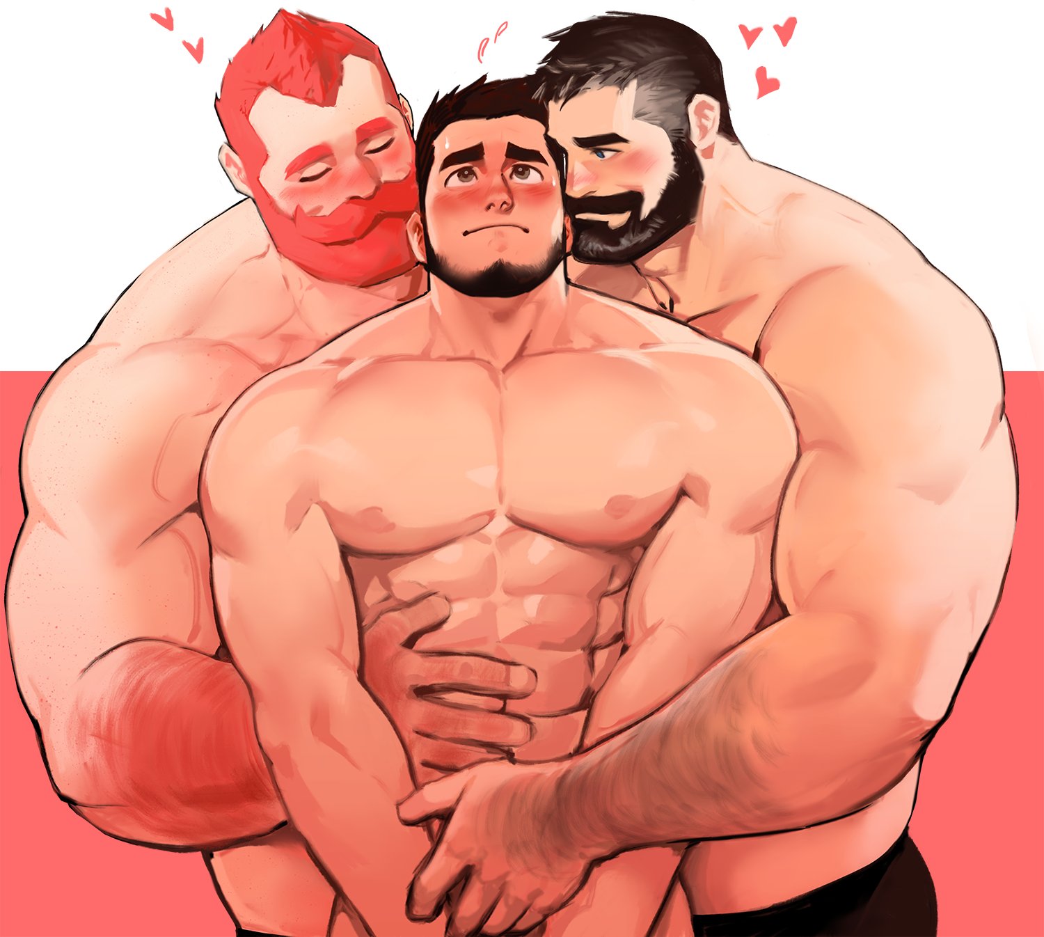 3boys, bara, dopq, groping, groping from behind, hugging, hugging from behind, light skin, light-skinned male, male, male only, muscular, muscular male, nude, nude male, original, original character, red hair, size difference, wholesome, yaoi