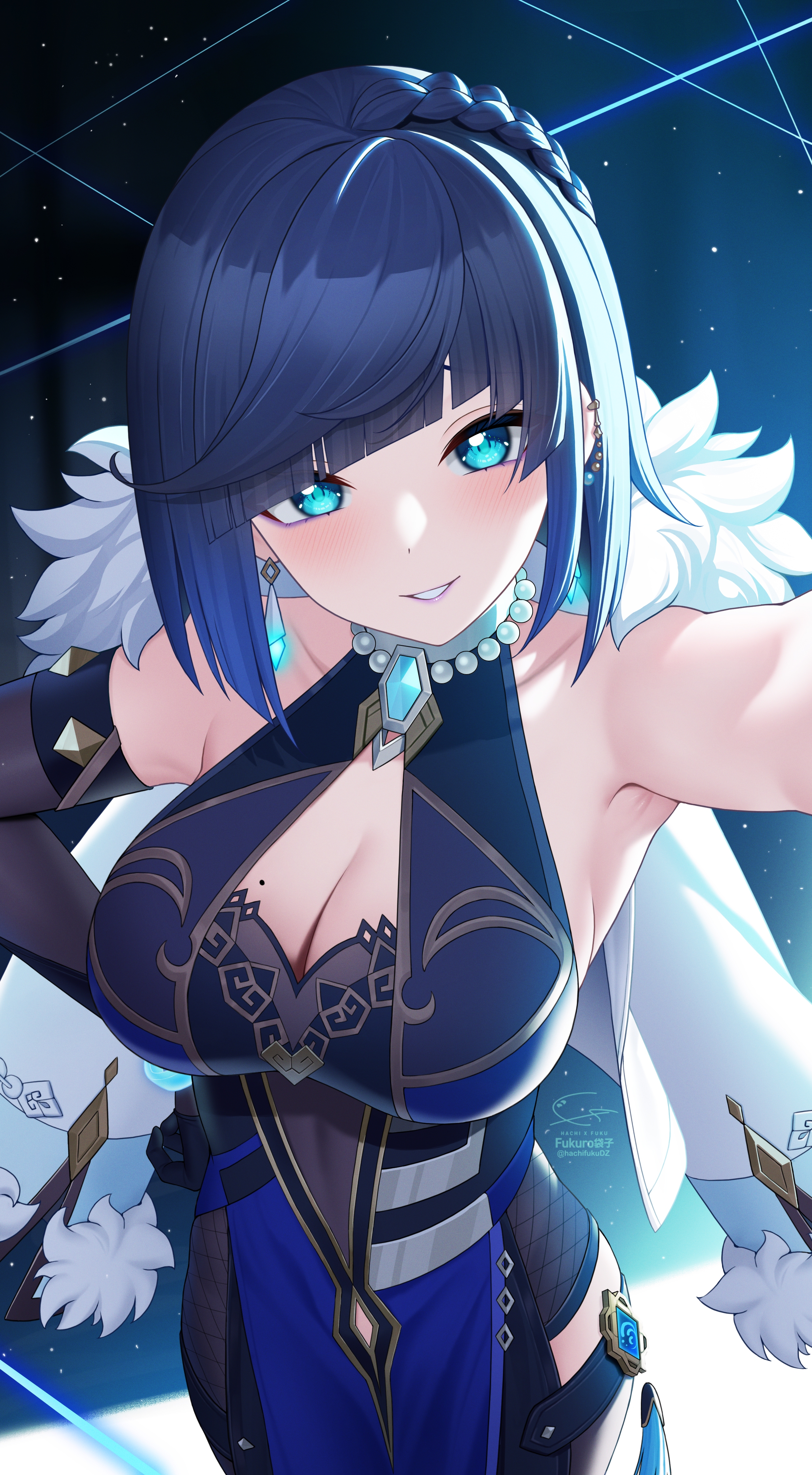 breasts, cleavage, female, fukuro ko (greentea), genshin impact, highres, looking at viewer, tagme, yelan (genshin impact)