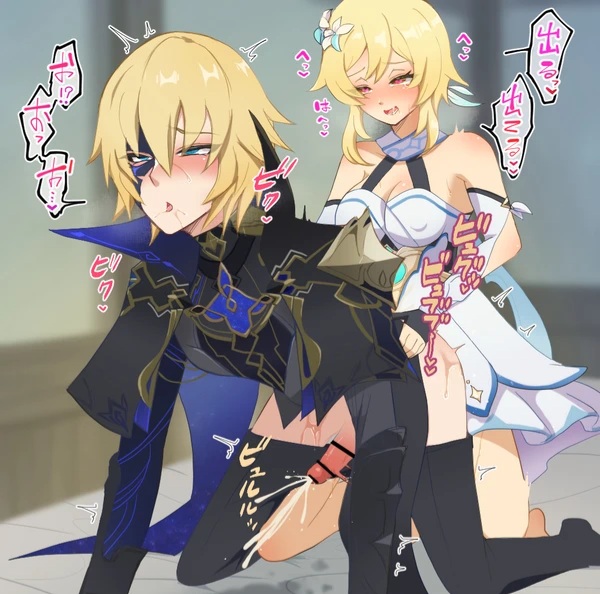 blonde hair, blue eyes, cum, cum inside, cumming, dainsleif (genshin impact), futa on male, futanari, genshin impact, intersex, large penis, lumine (genshin impact), male, penis
