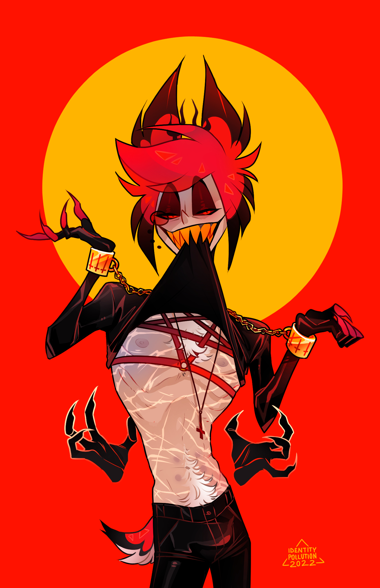 1boy, alastor (hazbin hotel), chains, handcuffs, hazbin hotel, male, pubic hair, scar, scars, sharp teeth, shirt lift, smooth skin, solo, solo focus, solo male, tentabills