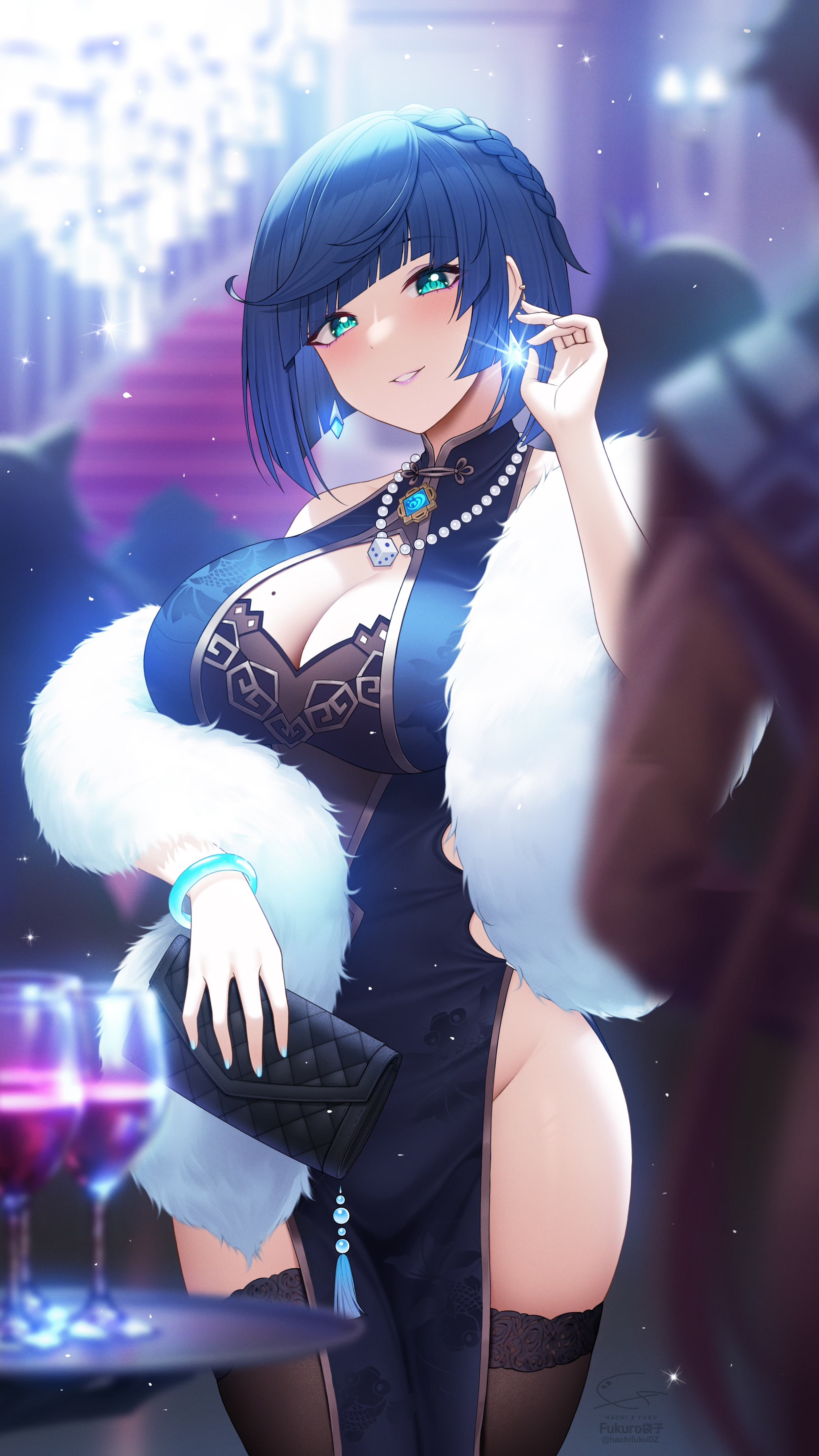 cleavage, female, fukuro ko (greentea), genshin impact, highres, skin tight, tagme, thick thighs, thighs, yelan (genshin impact)
