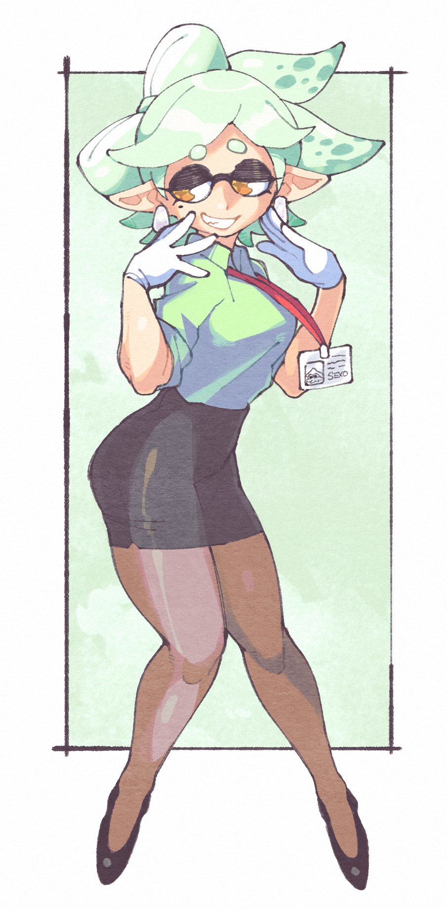 clothed, clothing, female, gloves, green hair, inkerton-kun, inkling, inkuusan, marie (splatoon), mole under eye, office lady, pantyhose, pointy ears, skirt, solo, splatoon, splatoon (series), yellow eyes