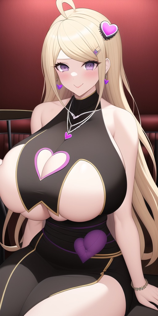 ahoge, ai generated, akamatsu kaede, bimbofication, blonde hair, breasts, danganronpa, danganronpa v3, female, heart, huge breasts, large breasts, nai diffusion, new danganronpa v3, stable diffusion, tagme, thick
