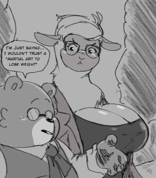 1boy 1girls alpaca anthro bear big_breasts character_request cleavage copyright_request dialogue furry glasses gloria_ramirez greyscale joaoppereiraus sketch