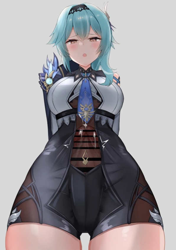 blue hair, bulge, clothed, eula (genshin impact), futa only, futanari, genshin impact, intersex, large penis, penis, precum, precum through clothing, thigh gap