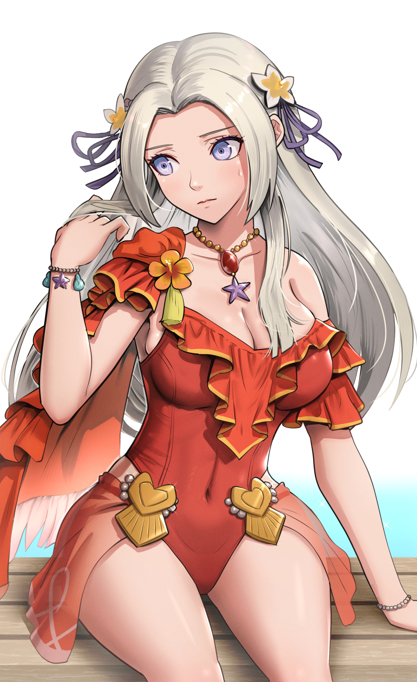 1girls, alternate costume, blue eyes, breasts, cleavage, closed mouth, edelgard von hresvelg, edelgard von hresvelg (summer), embarrassed, female, female only, fire emblem, fire emblem heroes, fire emblem: three houses, gonzarez, hair ornament, hair ribbon, highres, large breasts, long hair, nintendo, official alternate costume, one-piece swimsuit, red swimsuit, ribbon, shy, sitting, solo, swimsuit
