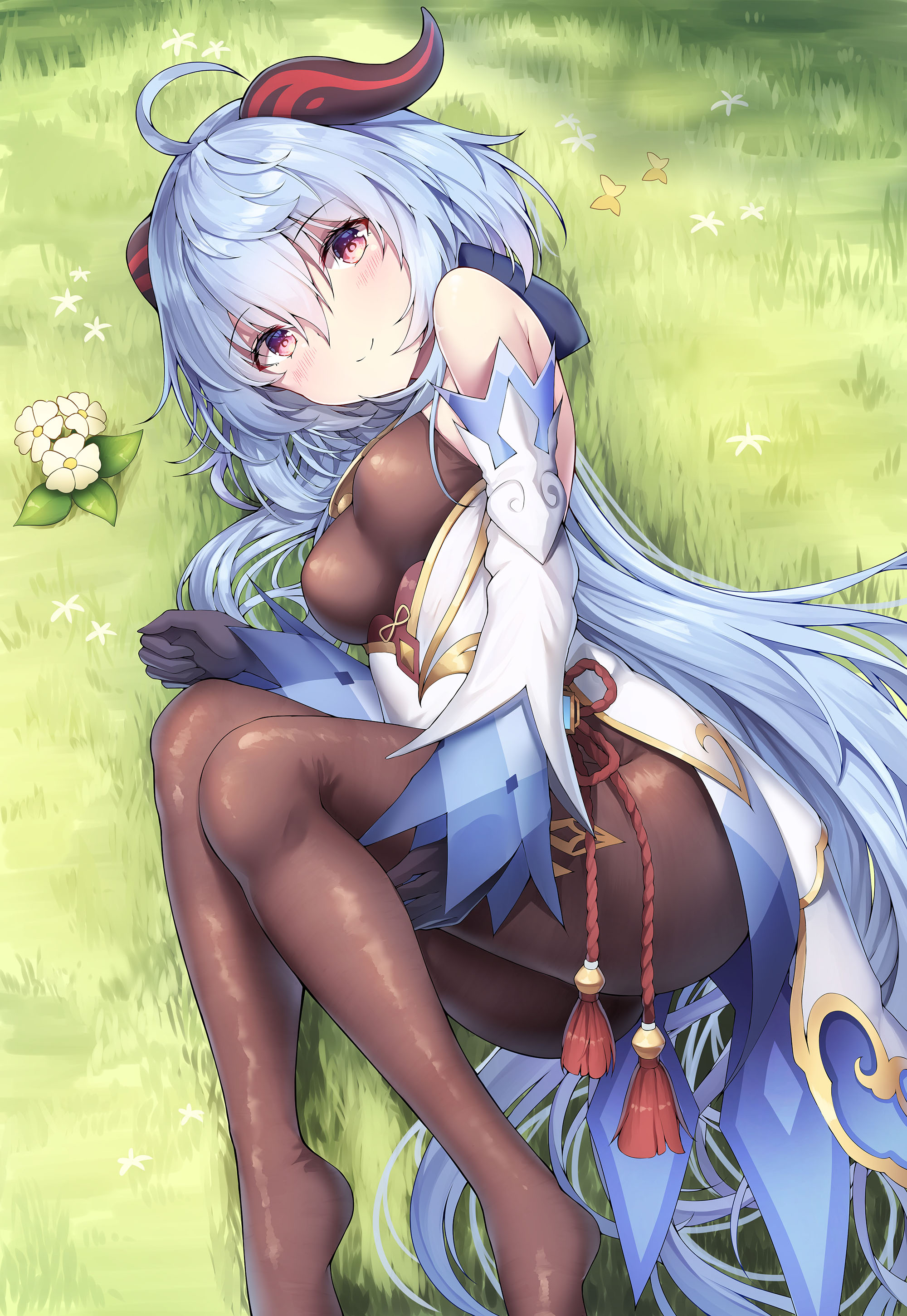 1girls, ass, blue hair, breasts, clothed, detached sleeves, female, female only, ganyu (genshin impact), genshin impact, gloves, grass, horns, looking at viewer, lying, lying down, on side, sob (submar1089), tagme