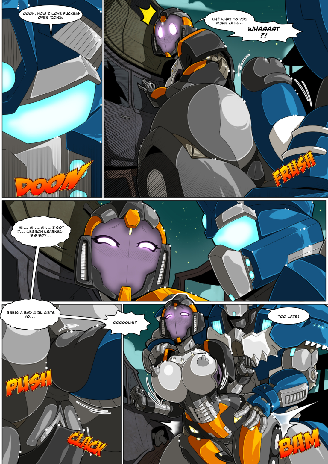 1boy, 1girls, anal, anal penetration, anal sex, arrest, ass, autobot, big ass, big breasts, big butt, black betty, blue eyes, breasts, caught, cleavage, comic, comic page, confused, confused look, confusion, cybertronian, decepticon, detailed background, english text, fan character, female, female focus, femsub, imminent anal, imminent penetration, imminent sex, larger male, mad-project, male, maledom, purple eyes, robot, seducing, seductive, seductive look, smaller female, straight, temptation, text, text bubble, transformers, visor
