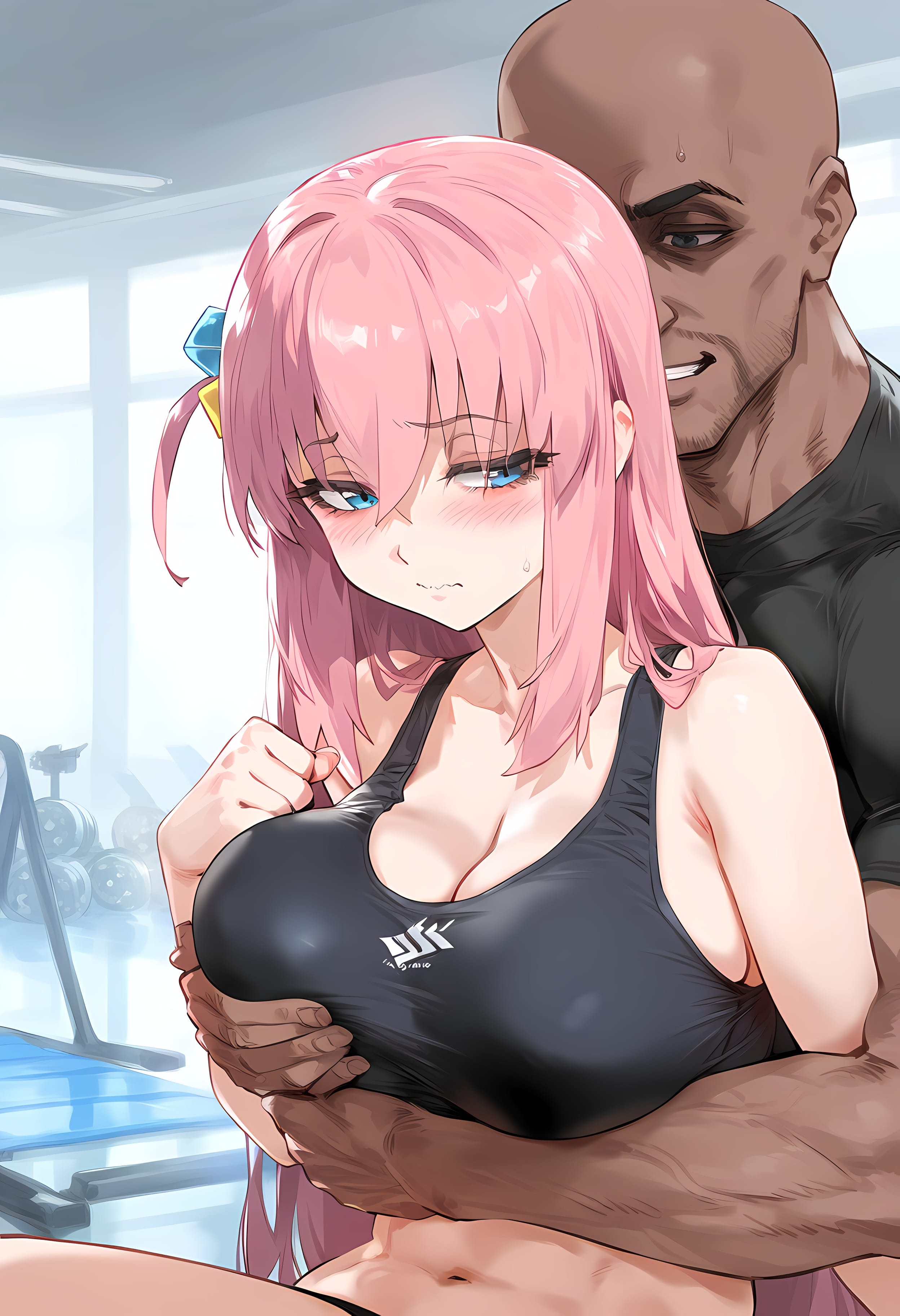1boy, ai generated, bocchi the rock!, breast grab, breasts, breasts bigger than head, cleavage, dark-skinned male, dubious consent, embarrassed, female, gotou hitori, grin, groping, gym, hug from behind, imminent sex, large breasts, looking at another, male, muscular, muscular male, nakatori, nervous, older male, older male and younger female, sports bra, stubble, wavy mouth