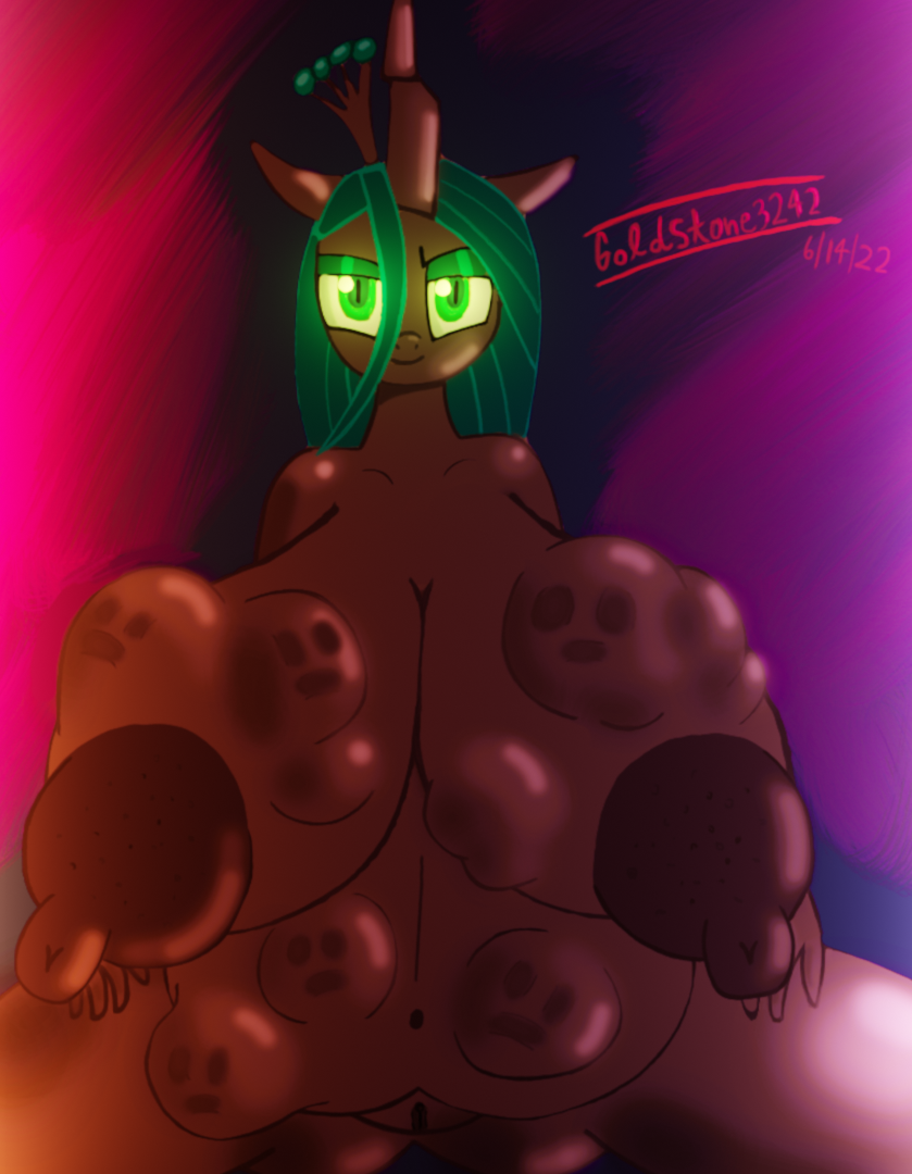 belly_button belly_vore breast_vore breasts changeling digital_art friendship_is_magic goldstone3242 horn illustration looking_at_viewer mass_vore my_little_pony nipples portrait puffy_nipples pussy queen_chrysalis_(mlp) spread_legs unwilling_prey vore