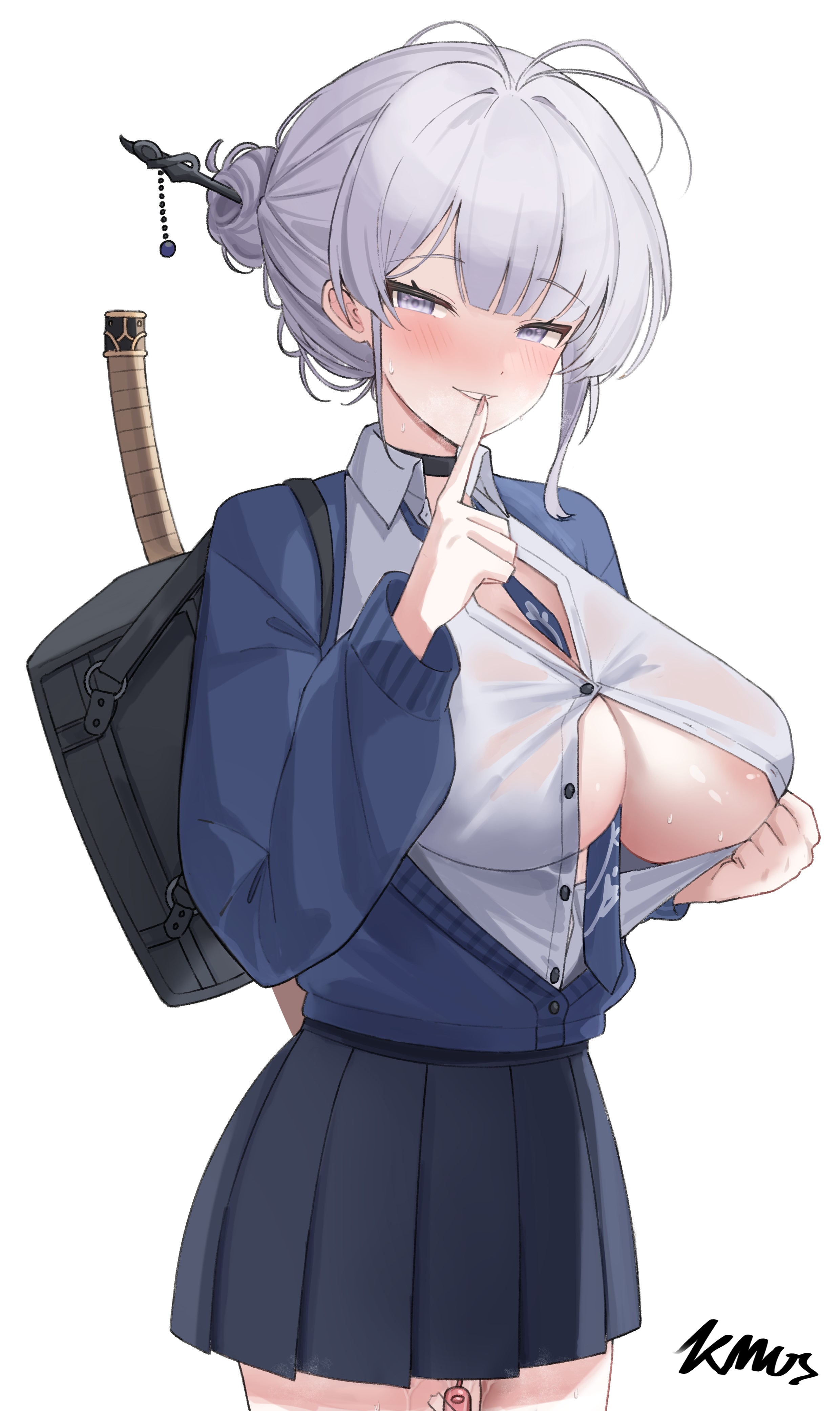 1girls, absurd res, areola slip, artist name, backpack, big breasts, blazer, blush, breasts, choker, cleavage, clothed, clothed female, collared shirt, female, female only, hair bun, hi res, itokonoue kaoru, jinmuxi (user pvha4443), kmos, light skin, light-skinned female, looking at viewer, medium hair, medium-haired female, project kv, school uniform, signature, skirt, solo, standing, sweat, tie, unbuttoned, vibrator, vibrator under clothes, white hair