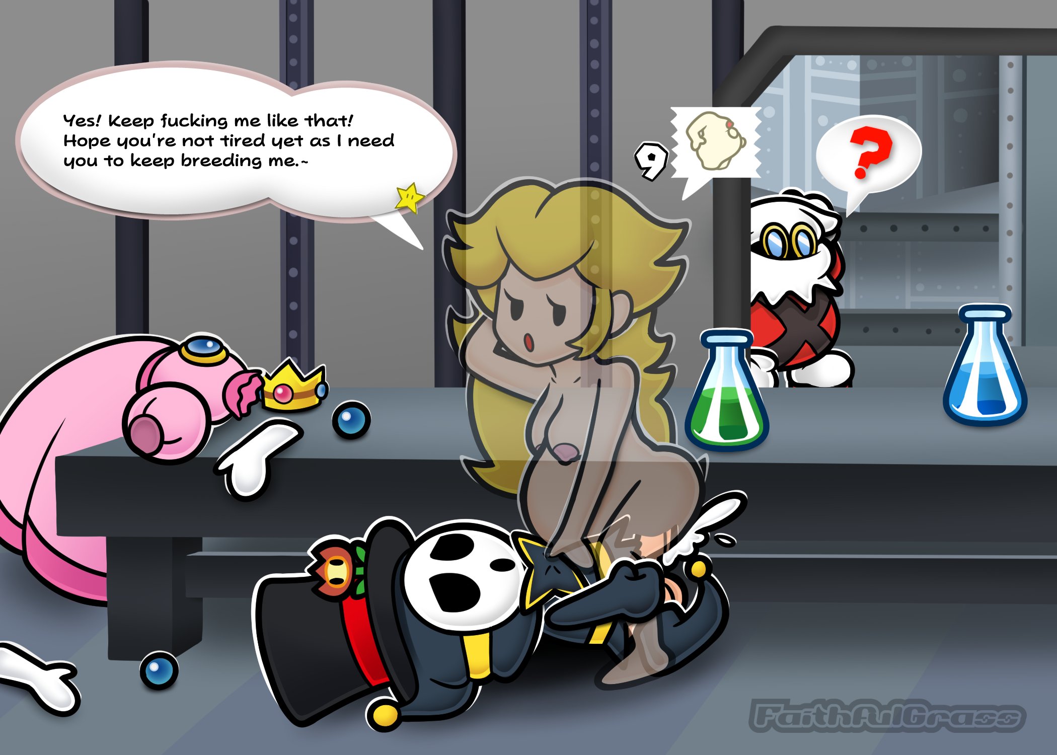 anti groove, blonde female, blonde hair, cum, cum in pussy, cum inside, english, english text, female, fire flower, implied invisibility, impregnation, invisible sex, laboratory, mario (series), nintendo, paper mario, paper mario: the thousand-year door, paper peach, paper peach invisible intermission, princess, princess peach, pussy, shy guy, shyguy, status effect, stripped, super mario bros., text, text box, tophat, vaginal penetration, vaginal sex, x-naut