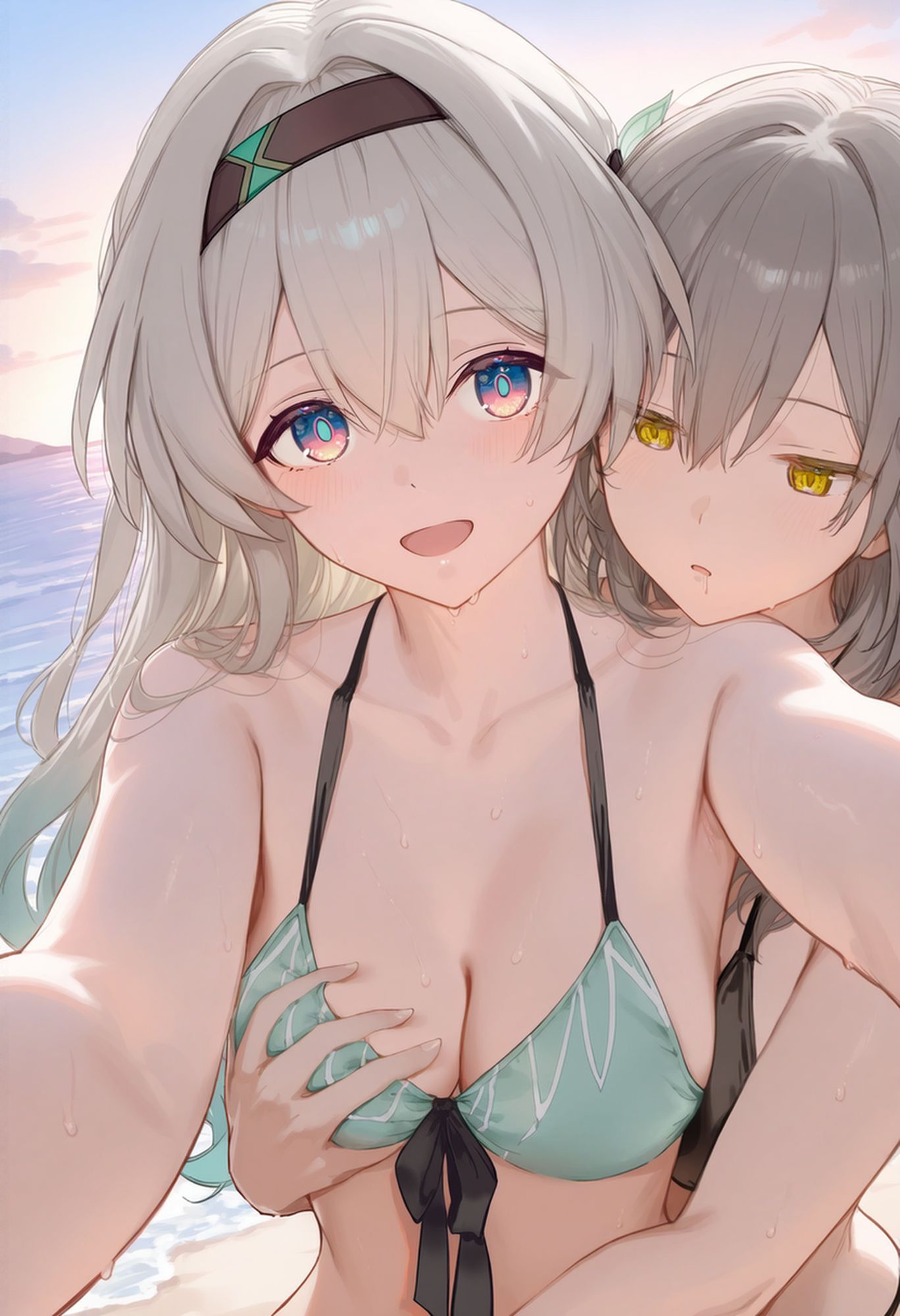 2girls, ai generated, bikini, breast grab, breasts, drooling, female, firefly (honkai: star rail), green bikini, green swimsuit, grey hair, honkai: star rail, hoyoverse, hug, long hair, mihoyo, multicolored eyes, multicolored hair, stelle (honkai: star rail), swimsuit, yellow eyes