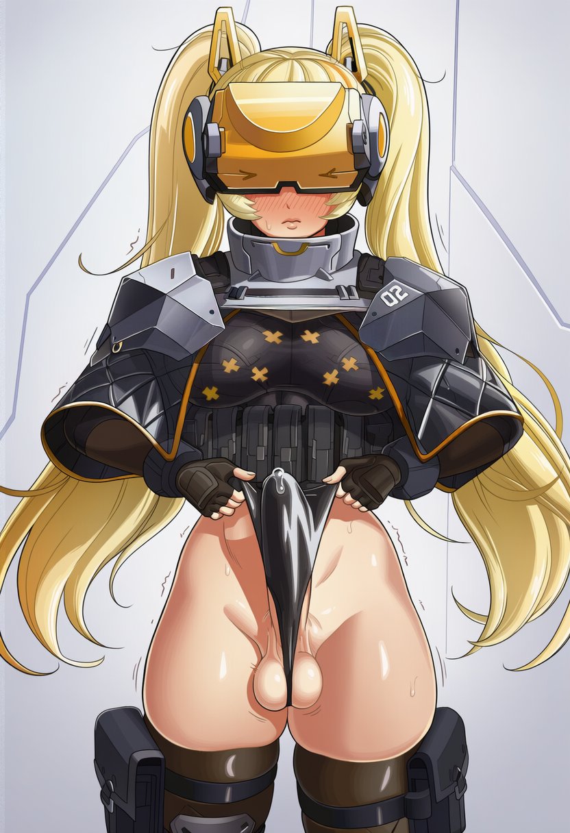 ai assisted, ai generated, balls, eyes covered, futa only, futanari, goddess of victory: nikke, helmet, idoll sun, intersex, kokenaart, nikke, precum, twintails