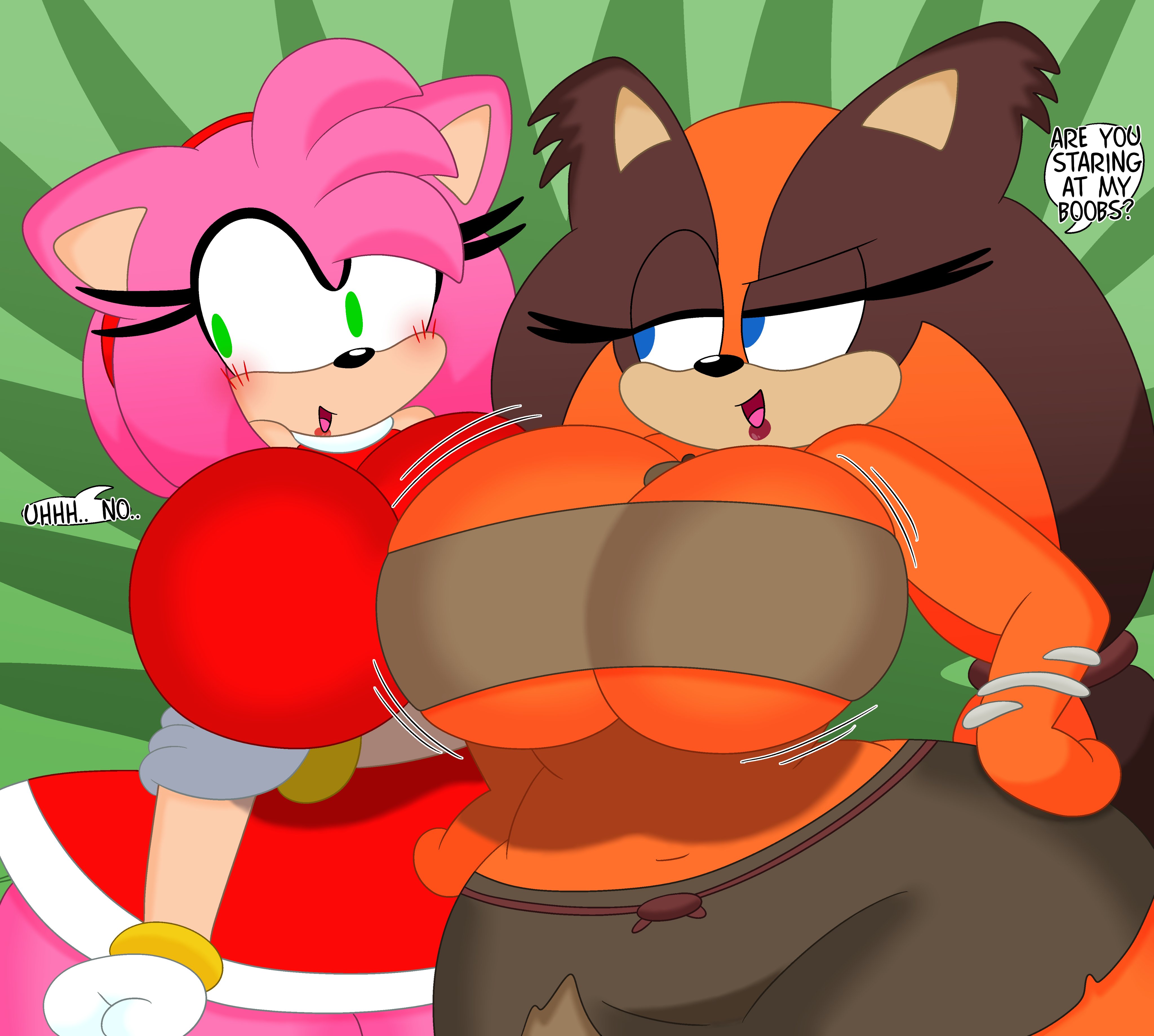 2girls, 3barts, amy rose, anthro, badger, big breasts, breast press, breasts, busty, clothing, dialogue, english text, female, female only, hedgehog, huge breasts, sega, sonic (series), sticks the badger, sticks the jungle badger, text, thick thighs, wide hips