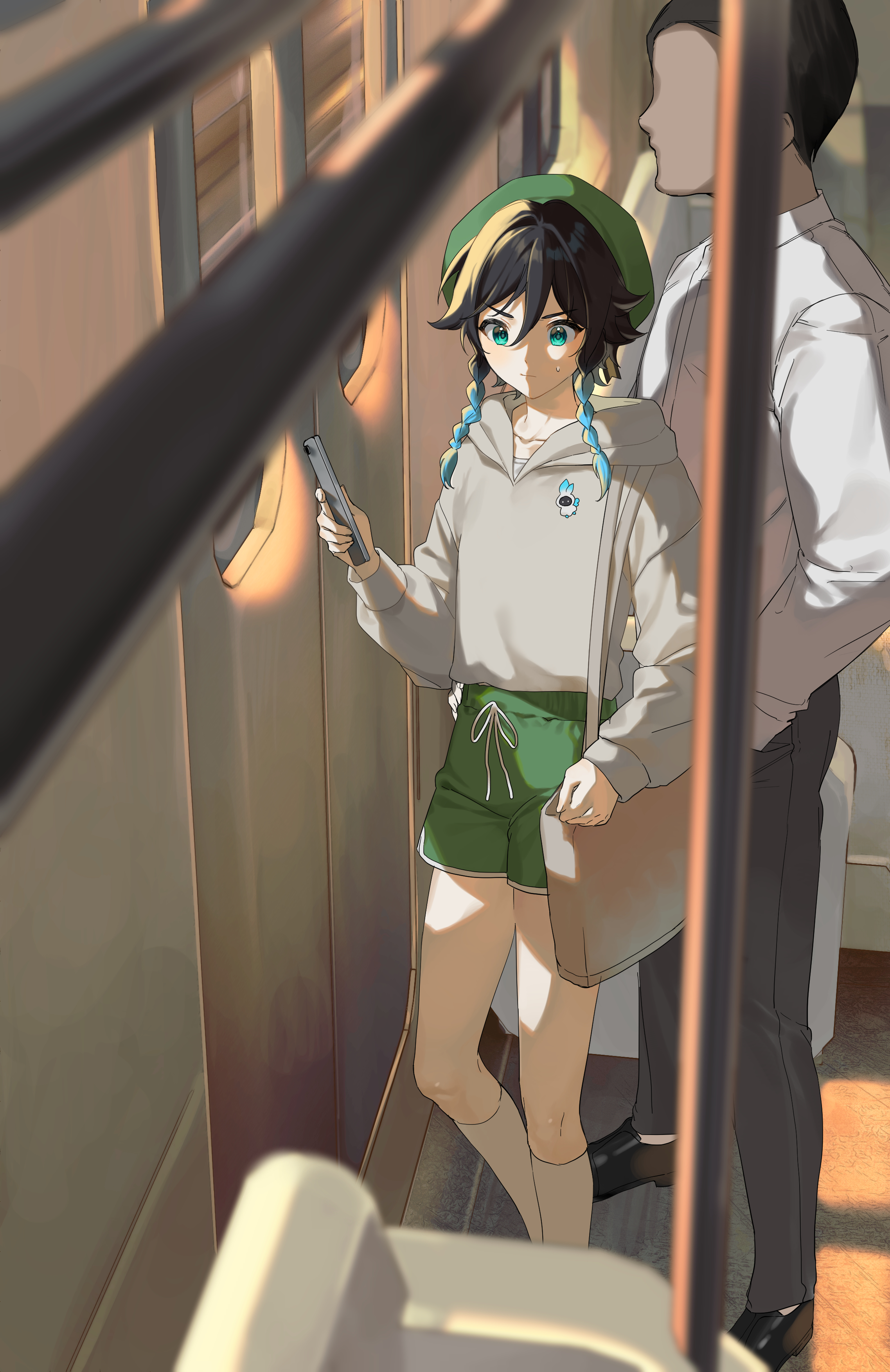 2boys, androgynous, braid, chikan, clothing, femboy, genshin impact, gym shorts, hat, hi res, hoodie, imminent rape, kkopoli, male, male only, older male, public, shorts, sweatdrop, thighs, train, train interior, trap, twin braids, venti (genshin impact)