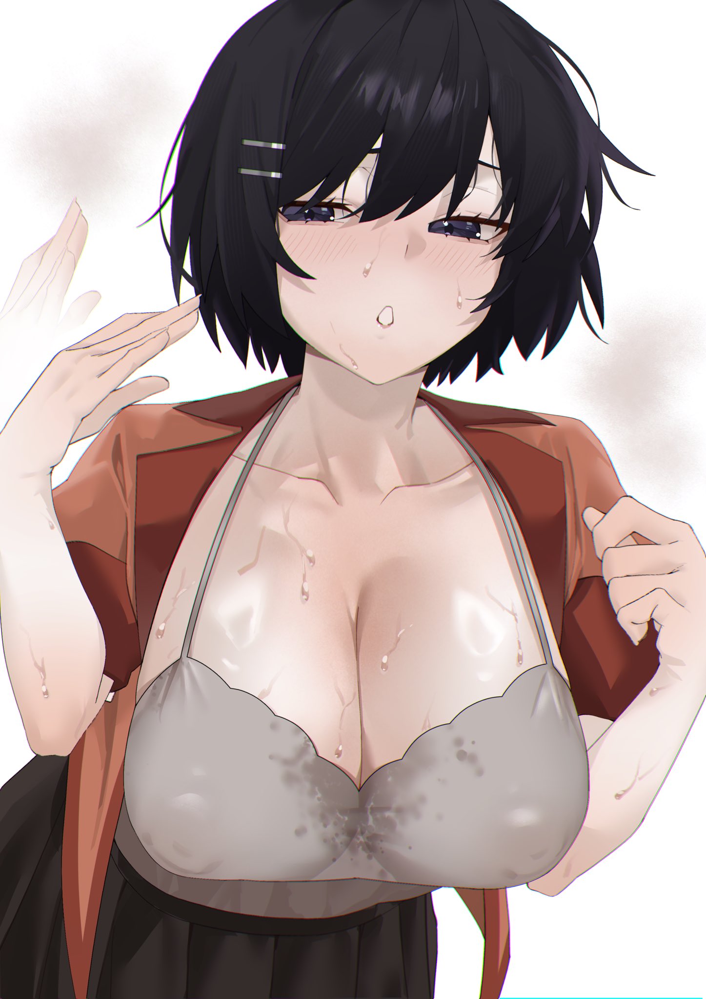 arril100, black hair, breasts, cleavage, female, hanekawa tsubasa, highres, large breasts, monogatari (series), short hair, solo, sweat, tagme