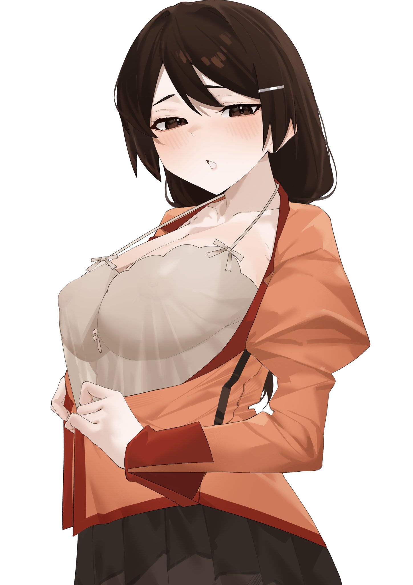 arril100, black hair, breasts, cleavage, female, hanekawa tsubasa, highres, large breasts, monogatari (series), short hair, solo, sweat, tagme