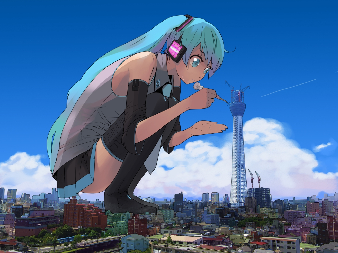 1girl, 1girls, aqua eyes, aqua hair, ass, blue eyes, blue hair, blue sky, boots, building, city, cityscape, clothed, clothing, cloud, day, detached sleeves, female, female only, food, giant, giantess, guitars japan, hatsune miku, headphones, light skin, light-skinned female, long hair, macro, necktie, outdoors, scenery, skirt, sky, solo, solo female, squatting, thigh boots, thighhighs, twintails, very long hair, vocaloid