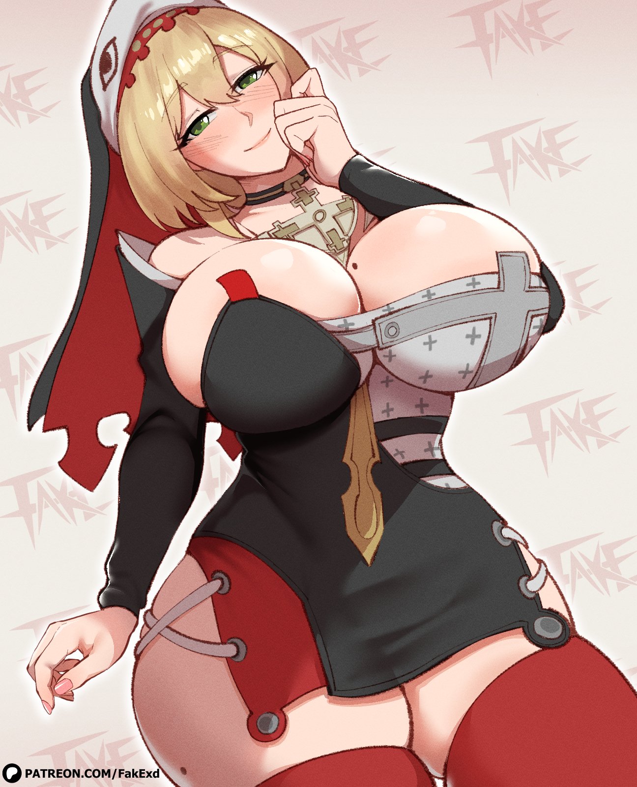1girls, ass, big ass, big thighs, blonde hair, blush, breasts, cleavage, eyelashes, fake (artist), female, green eyes, hoyoverse, huge breasts, lord socar, mihoyo, mihoyo technology (shanghai) co. ltd., mole, mole on breast, nun, nun outfit, nun's habit, old design, short hair, smile, thick thighs, thigh squish, thighhighs, thighs, yidhari murphy, yidhari murphy (cbt1), zenless zone zero