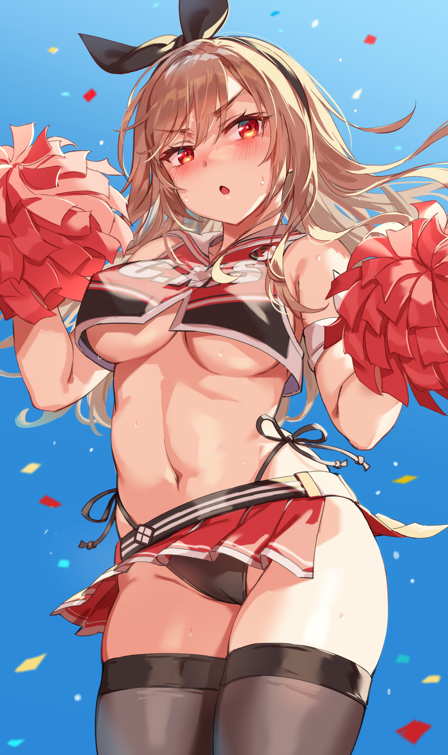1girls, bare midriff, big breasts, black panties, black thighhighs, blonde, blonde female, blonde hair, blonde hair female, blush, blushing, breasts, cameltoe, cheerleader, cheerleader costume, cheerleader outfit, cheerleader uniform, female, female only, goddess of victory: nikke, hair ribbon, long hair, looking at viewer, medium breasts, michairu, miniskirt, open mouth, panties, pom poms, rapi (nikke), red eyes, red eyes female, revealing clothes, skimpy clothes, skirt, sole female, stockings, tagme, thigh highs, thighhighs, thong, underboob, upskirt