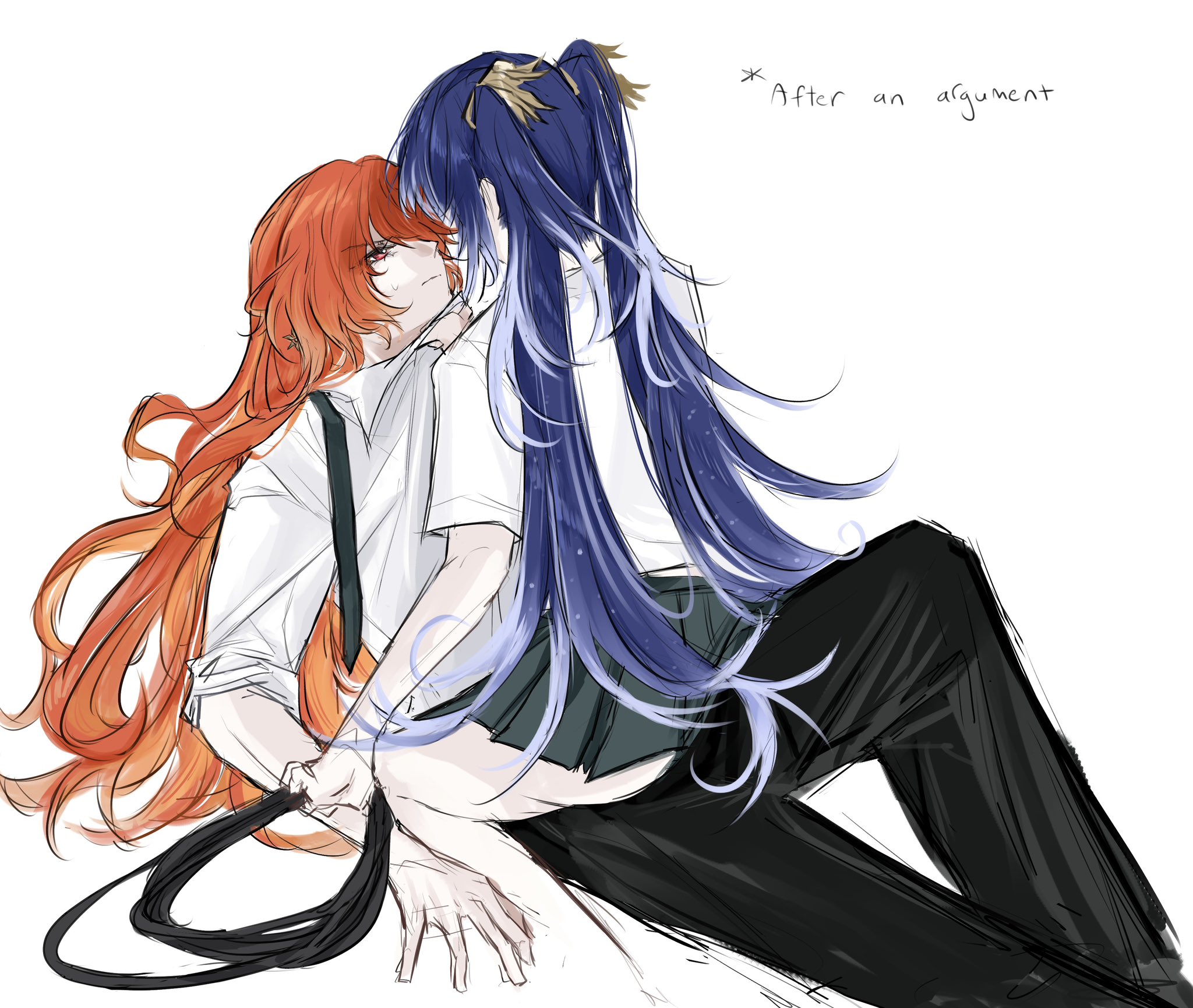 augusta (wuthering waves), clothed, clothes, clothing, female, female focus, female only, iuno (wuthering waves), larger female, long hair, mgcherry 03, muscular, muscular female, red hair, redhead female, shorter female, sitting, sitting on lap, sitting on person, skirt, smaller female, taller female, thick thighs, thighs, wuthering waves, yuri