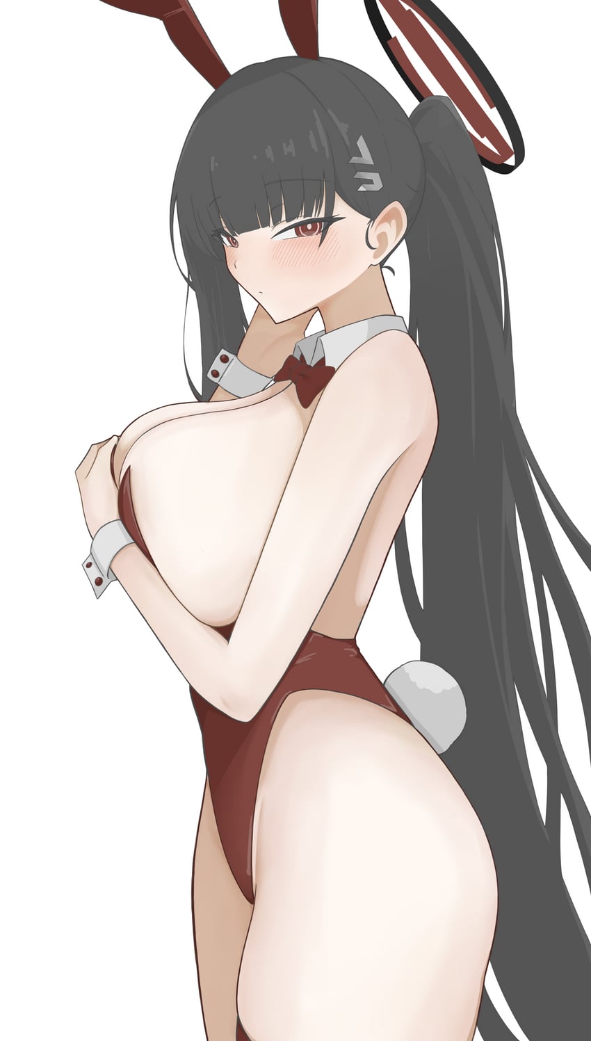 absurdres, alternate costume, alternate hairstyle, animal ears, bare arms, black hair, black halo, blue archive, blunt bangs, bow, bowtie, breasts, breasts squeezed together, closed mouth, commentary, cowboy shot, detached collar, fake animal ears, female, halo, hand up, highleg, highleg leotard, highres, huge breasts, legs together, leotard, light frown, long hair, looking at viewer, playboy bunny, ponytail, rabbit tail, red bow, red bowtie, red eyes, red hair, red halo, red leotard, red thighhighs, rio (blue archive), shadow, side ponytail, sideboob, sitting, solo, strapless, strapless leotard, sui c82, tail, thighhighs, thighs, very long hair, white background, wrist cuffs