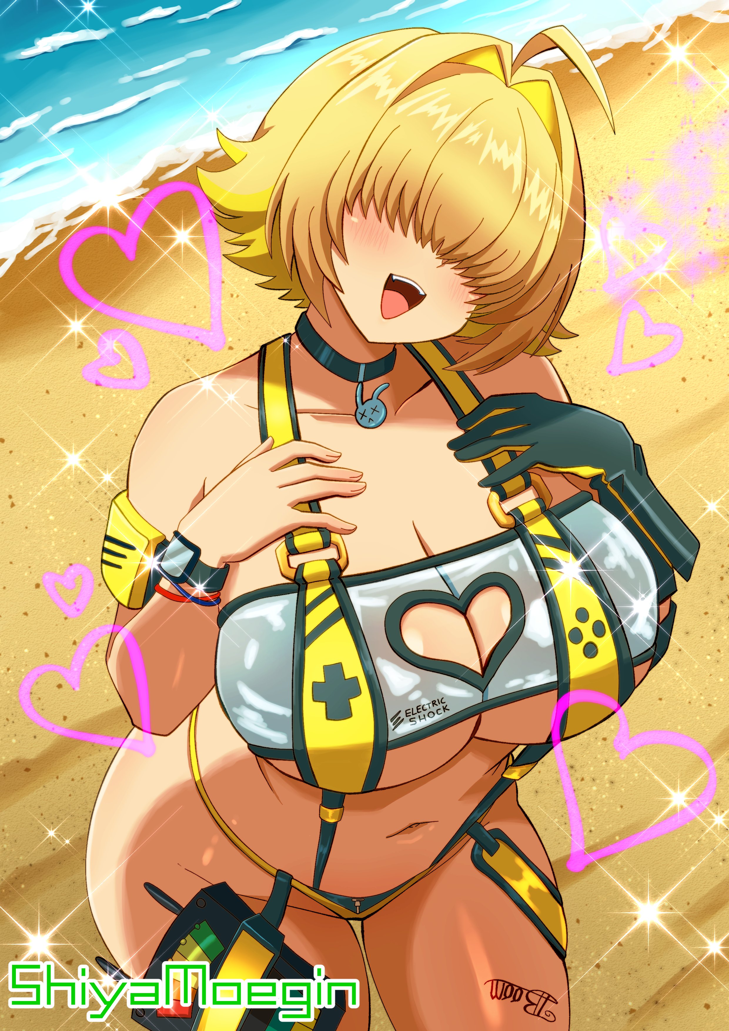 1girls, 5 fingers, ahoge, armwear, artist name, background, bare arms, bare belly, bare hands, bare hips, bare midriff, bare shoulder, bare shoulders, bare thighs, barely clothed, beach, belly, belly button, bent leg, bent legs, bikini, bikini only, black choker, black gloves, blonde female, blonde hair, blonde hair female, blonde-haired female, blush, blushing at viewer, blushing female, boob window, both eyes obstructed, breasts, bunny, choker, cleavage, cleavage screen, clothed, clothed female, clothing, collarbone, covered eyes, curvaceous, curvaceous body, curvaceous female, curvaceous figure, curvaceous hips, curvaceous thighs, curves, curvy, curvy body, curvy female, curvy figure, curvy hips, curvy thighs, device, elegg (boom and shock) (nikke), elegg (nikke), eyes covered, female, female focus, female only, fingers, gamepad, gloves, goddess of victory: nikke, hair covering eye, hair covering eyes, hair intakes, hair over eyes, half body, hand on boob, hand on breast, heart, heart symbol, heart-shaped boob window, hearts around head, huge breasts, huge thighs, human, human only, large breasts, large thighs, leaning, leaning forward, light skin, light-skinned female, looking at viewer, love, midriff, midriff baring shirt, mouth, navel, neckwear, object, obstructed eyes, ocean, open mouth, outdoors, outside, panties, rabbit, rabbit ornament, sand, sea, seaside, shiya moegin, short hair, shoulders, slingshot bikini, slingshot swimsuit, smile, smiling, smiling at viewer, solo, solo female, solo focus, swimsuit, teeth, text on clothing, text on thighs, thick thighs, thigh gap, thighs, tongue, two-tone hair, underwear, unseen eyes, upper teeth, upper teeth only, viewed from above, voluptuous, voluptuous female, watermark, wide hips, wristband, wristwear, x eyes, yellow bikini, yellow panties, yellow slingshot swimsuit, yellow underwear